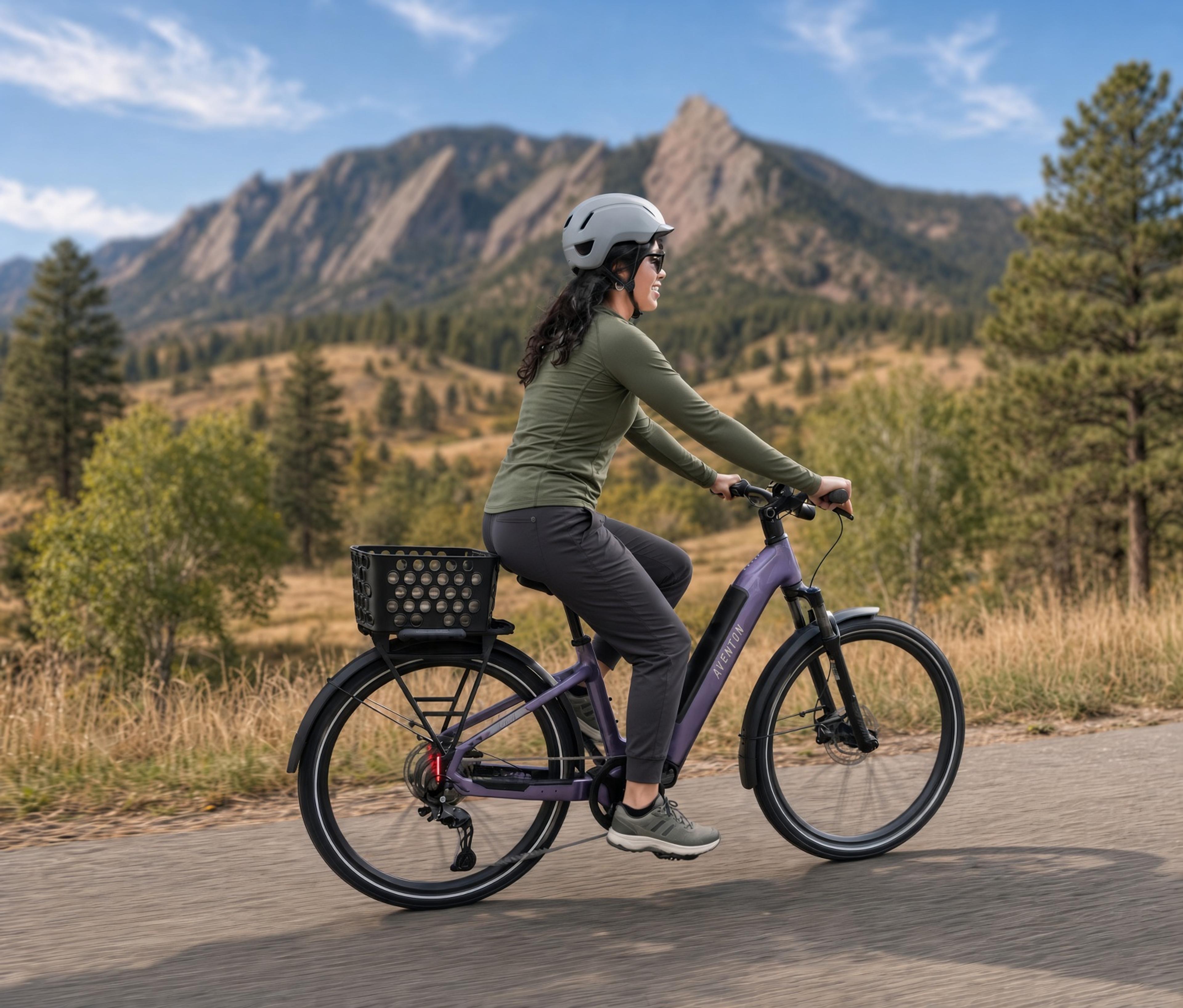 Woman in a helmet riding a purple e-bike with a basket on a paved path, with mountains and trees in the background.