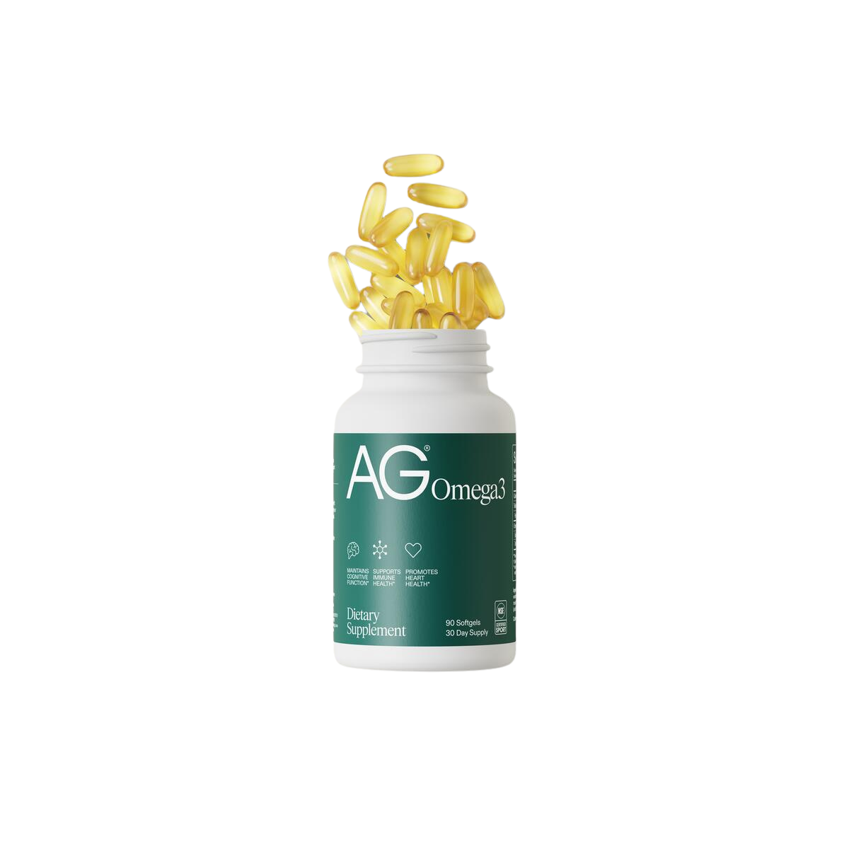 AG Omega3 dietary supplement bottle with yellow softgels spilling out.