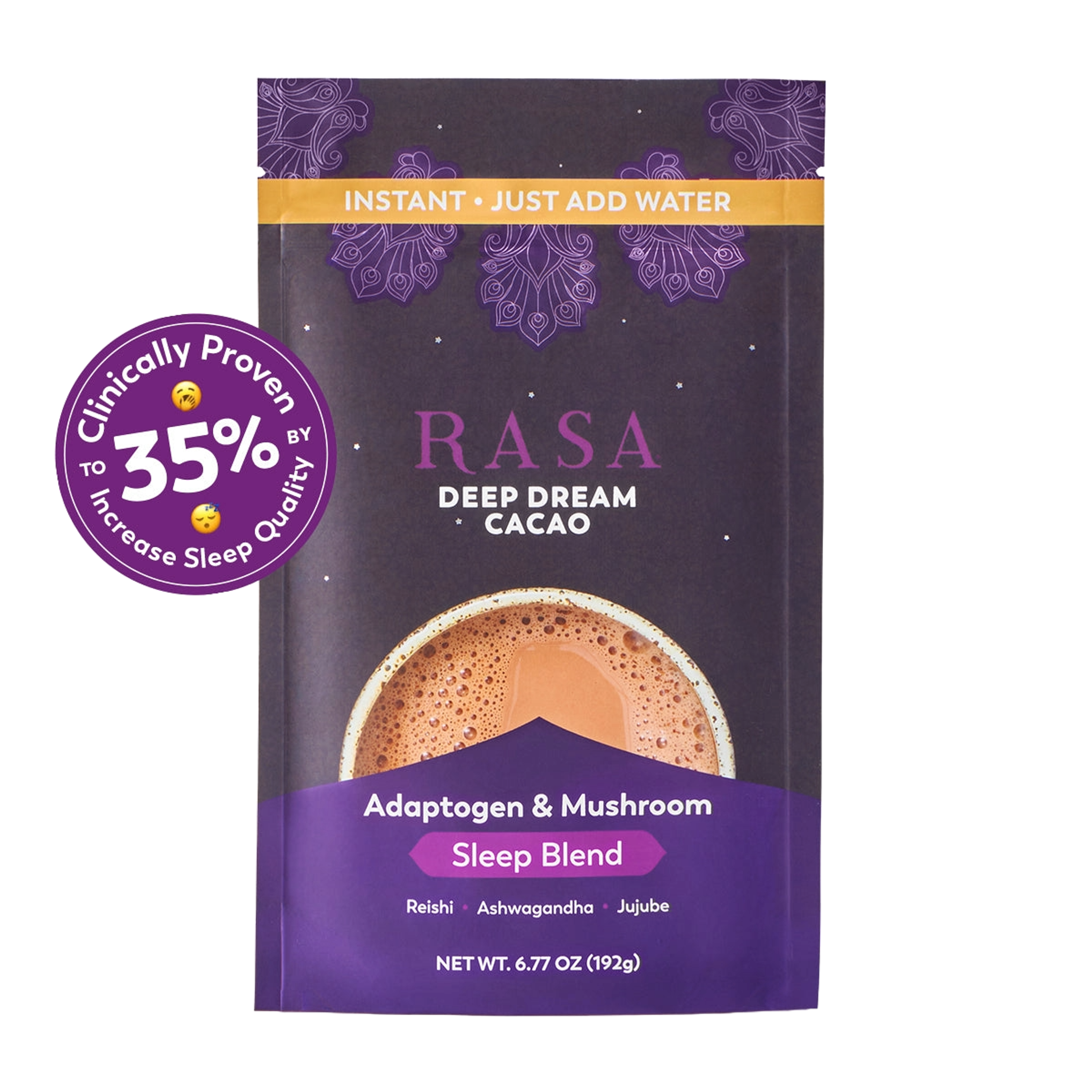 Rasa Deep Dream Cacao Adaptogen & Mushroom Sleep Blend package, clinically proven to increase sleep quality by 35%.