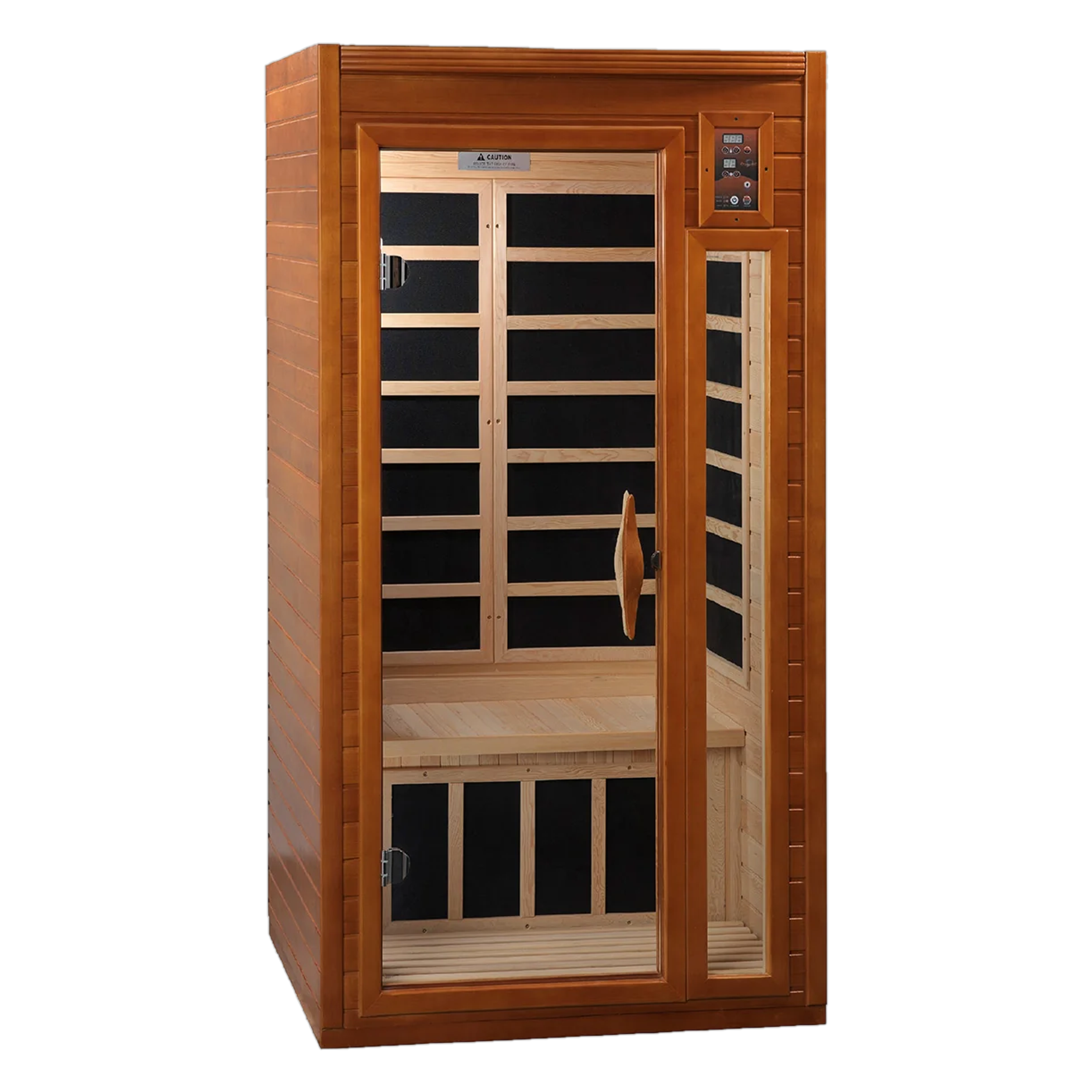 Wooden infrared sauna cabin with a glass door.