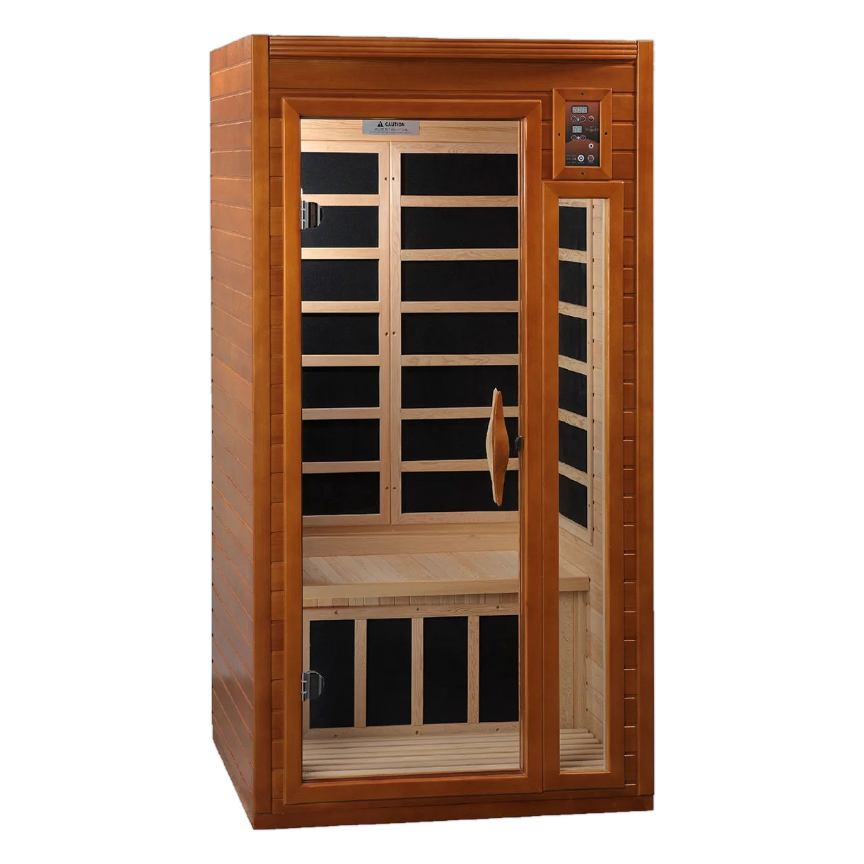 Wooden infrared sauna cabin with a glass door.