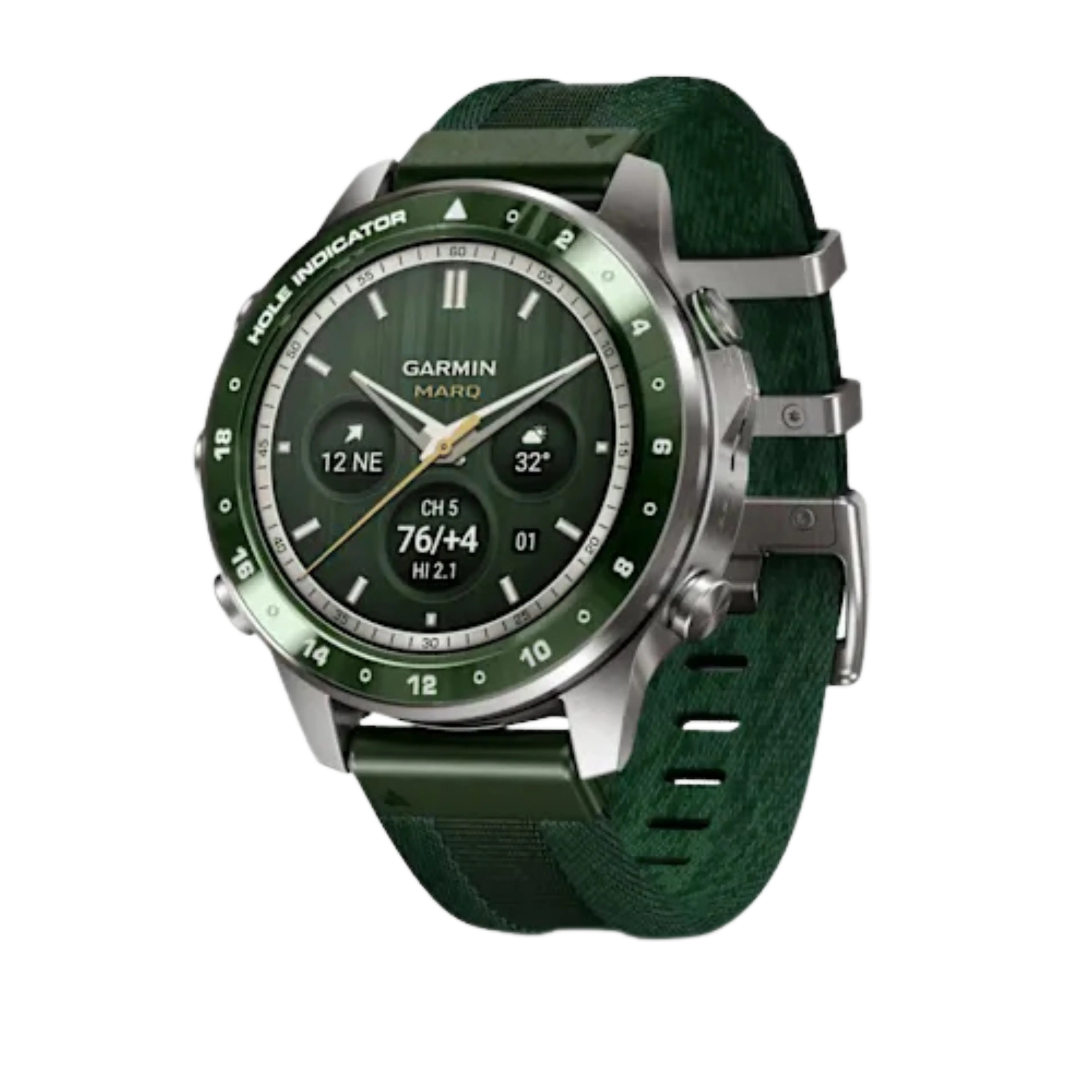 A Garmin Marq golf smartwatch with a dark green dial, silver case, and textured dark green strap.