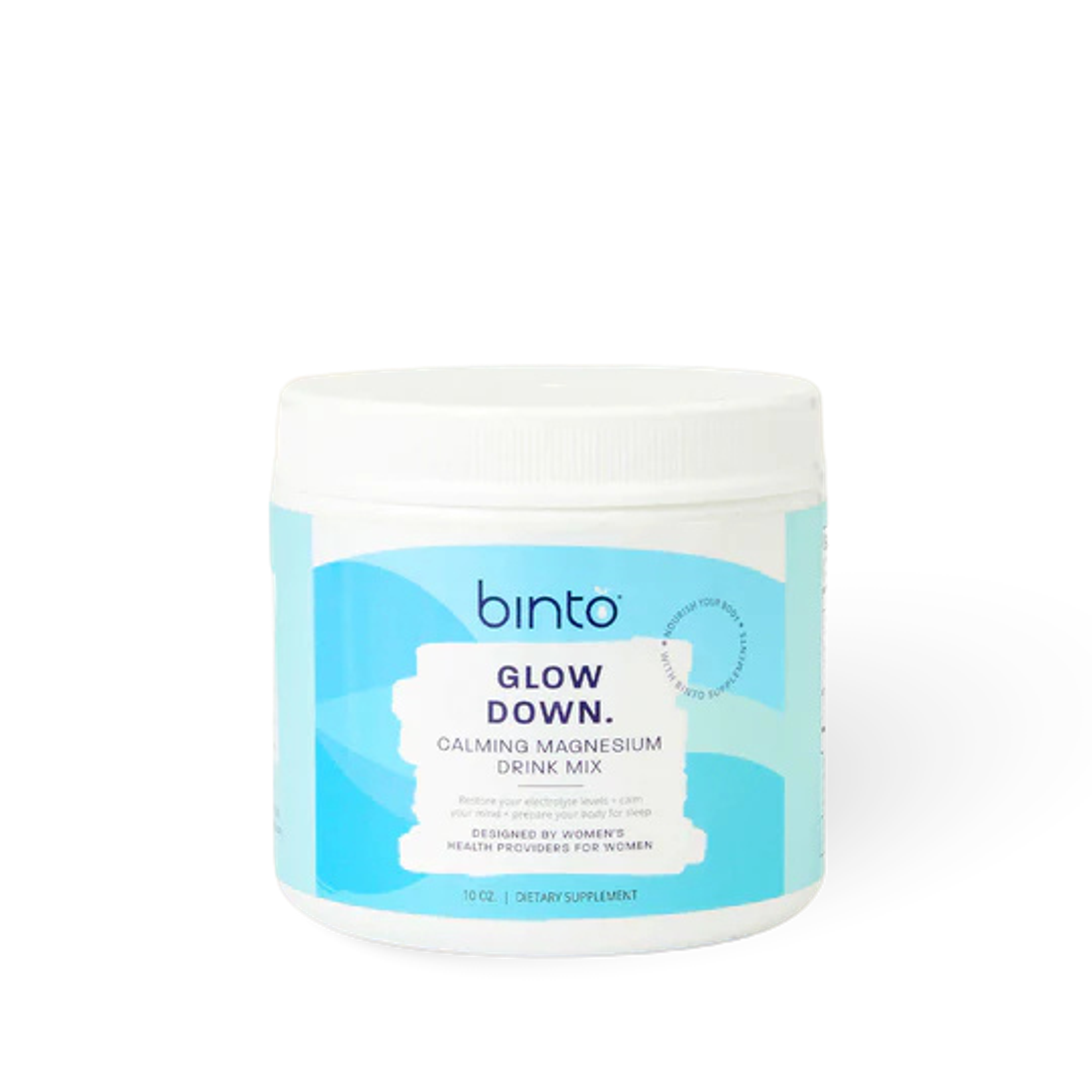 White tub of Binto Glow Down Calming Magnesium Drink Mix.