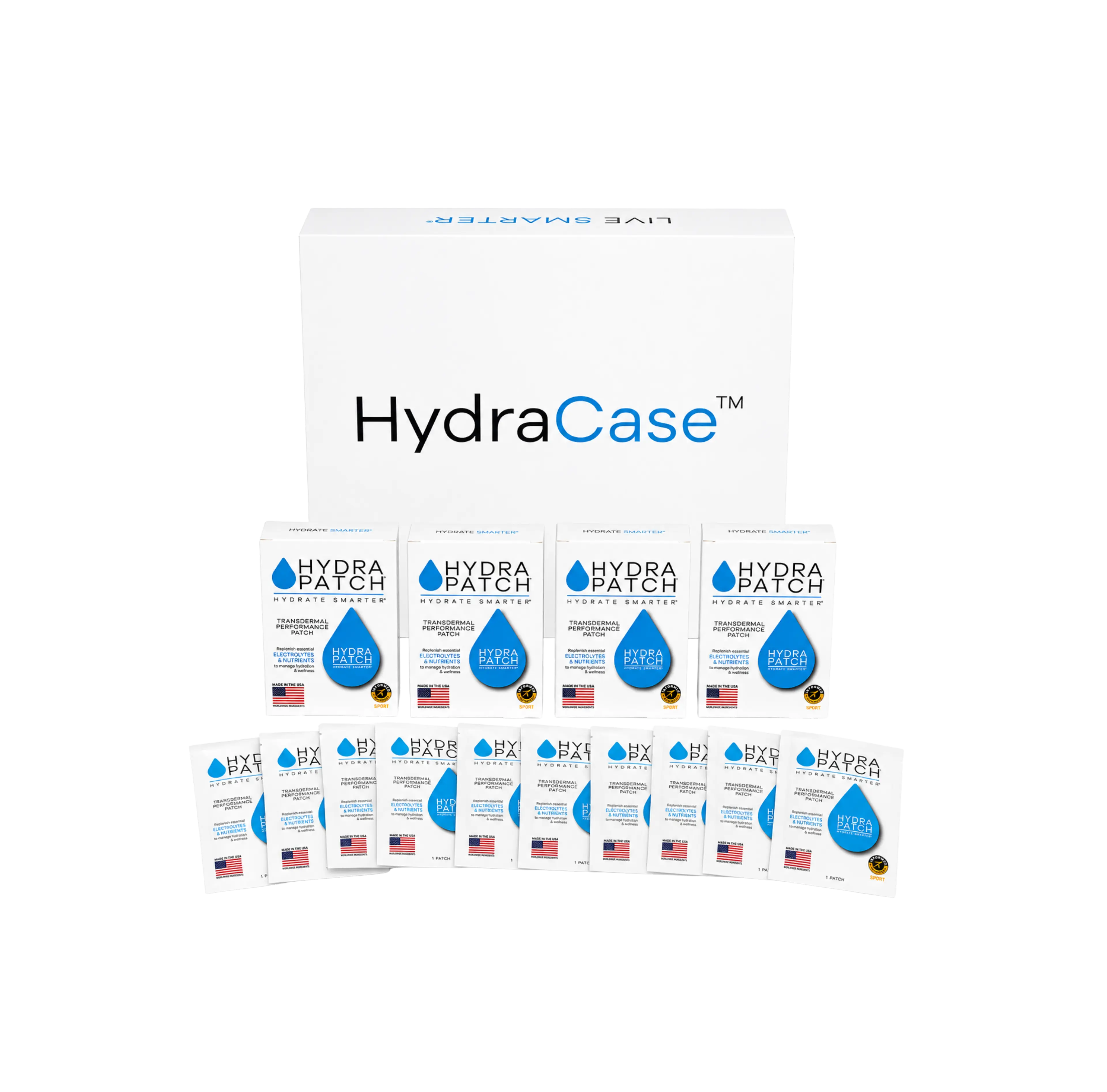 A white box labeled "HydraCase" with multiple "Hydra Patch" packets arranged in front.