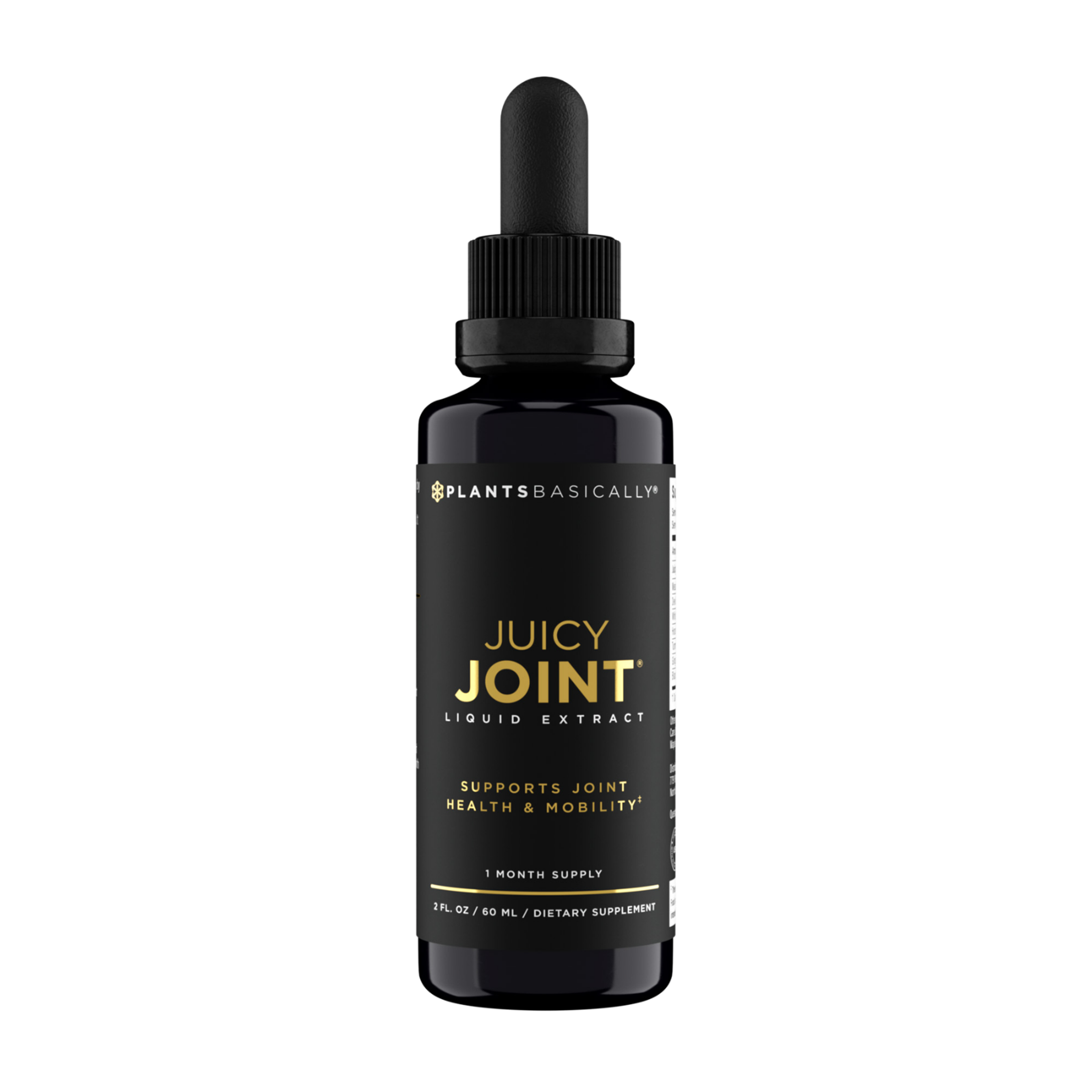A black dropper bottle labeled "PLANTSBASICALLY JUICY JOINT LIQUID EXTRACT" which supports joint health.