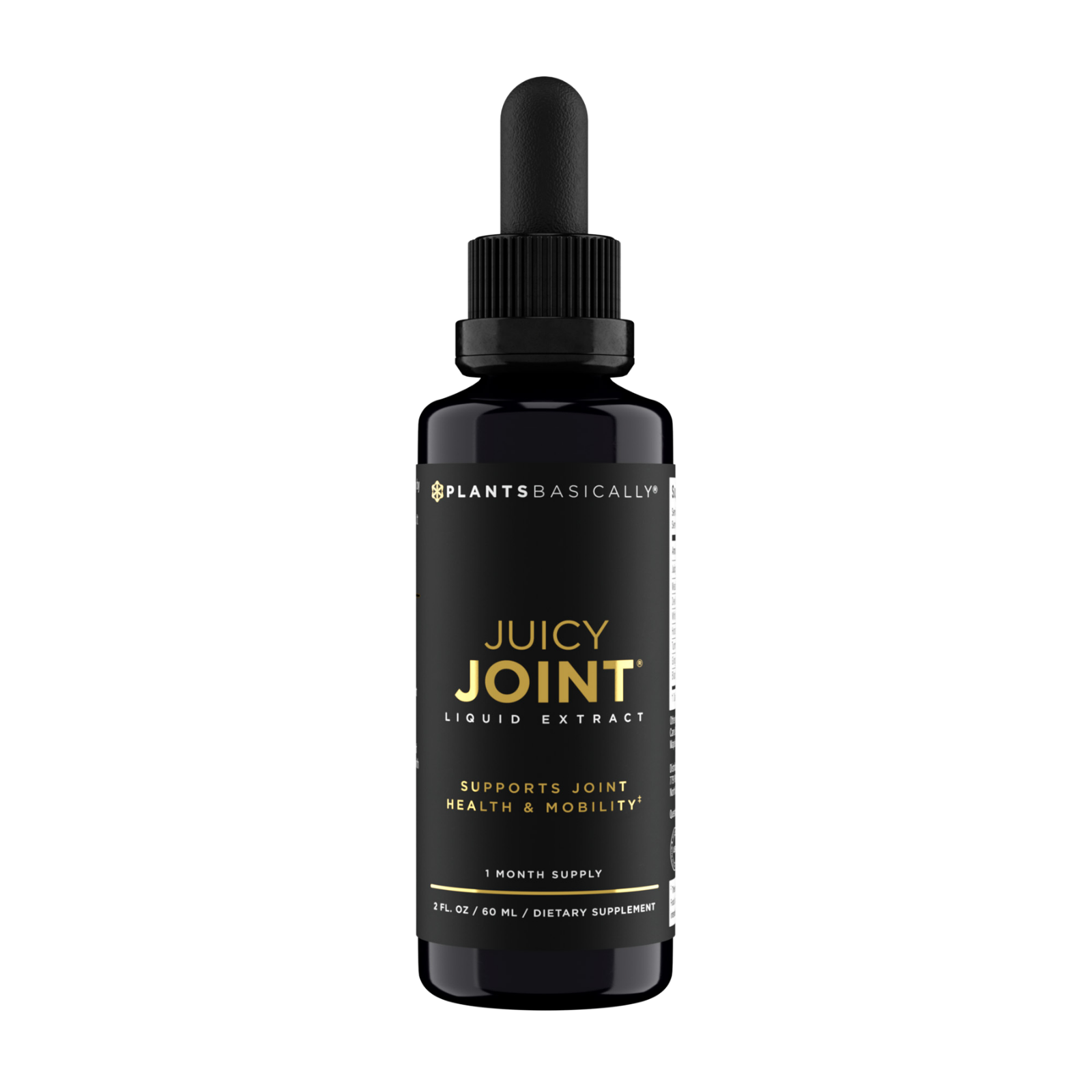 A black dropper bottle labeled "PLANTSBASICALLY JUICY JOINT LIQUID EXTRACT" which supports joint health.