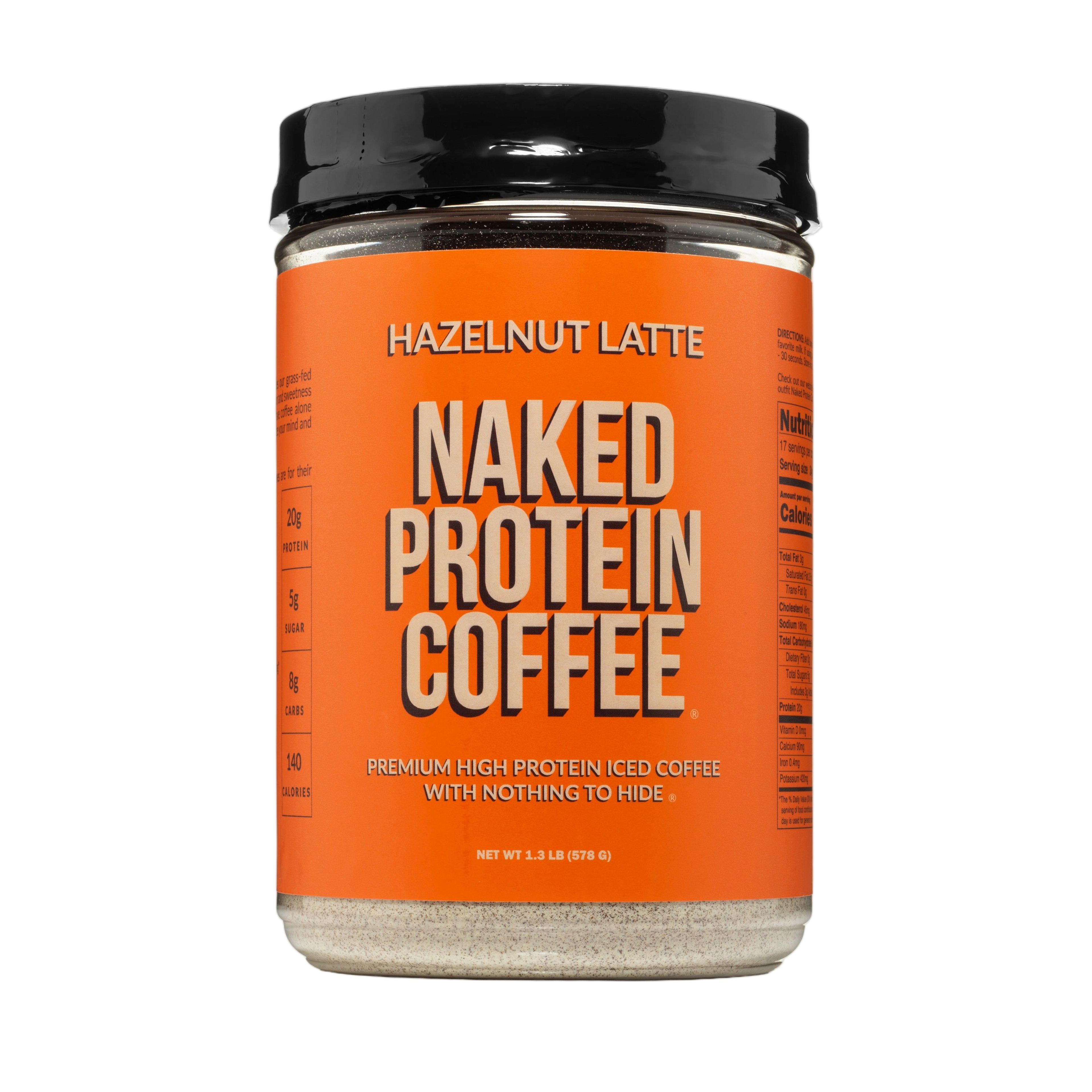 Container of hazelnut protein coffee powder with product label