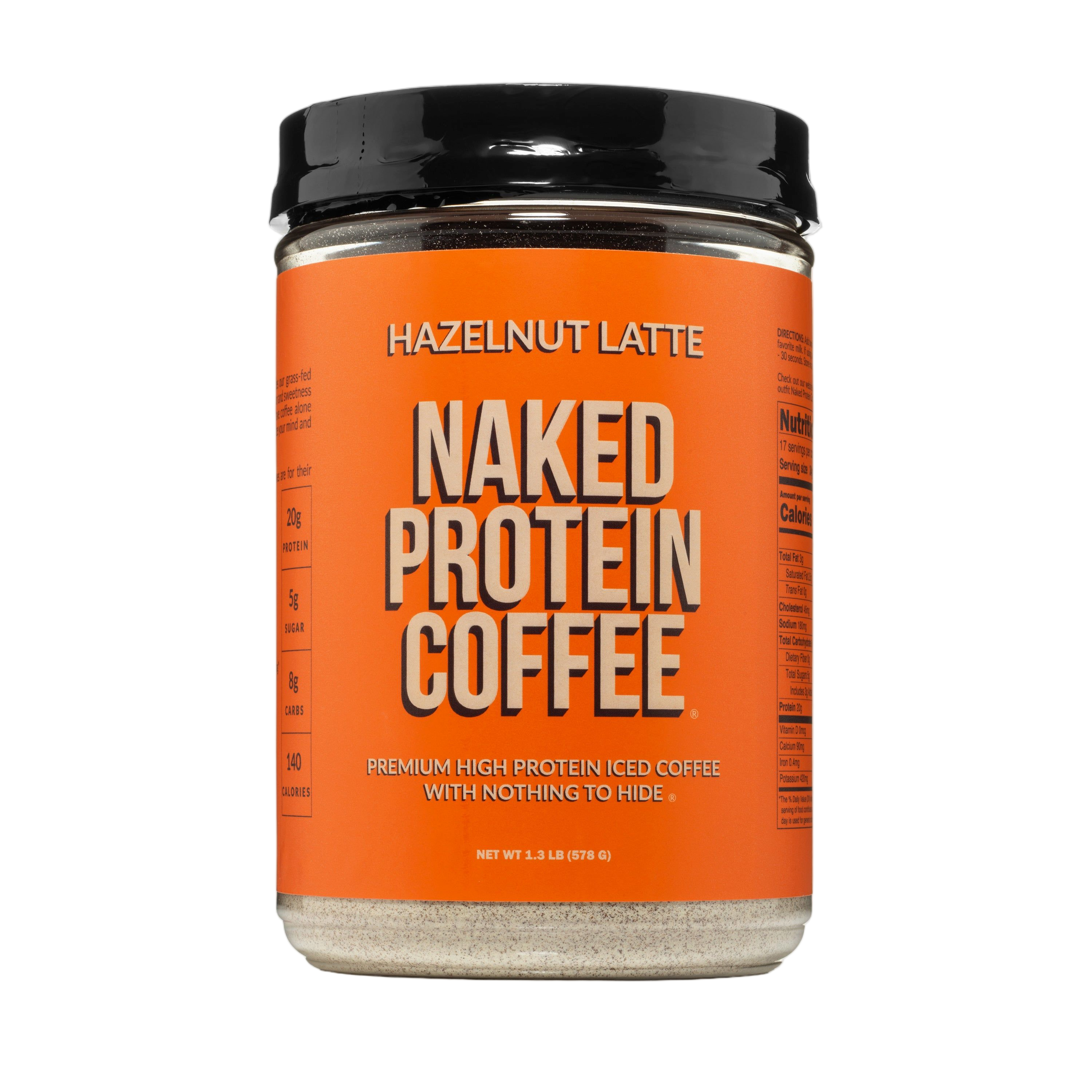 Container of hazelnut protein coffee powder with product label
