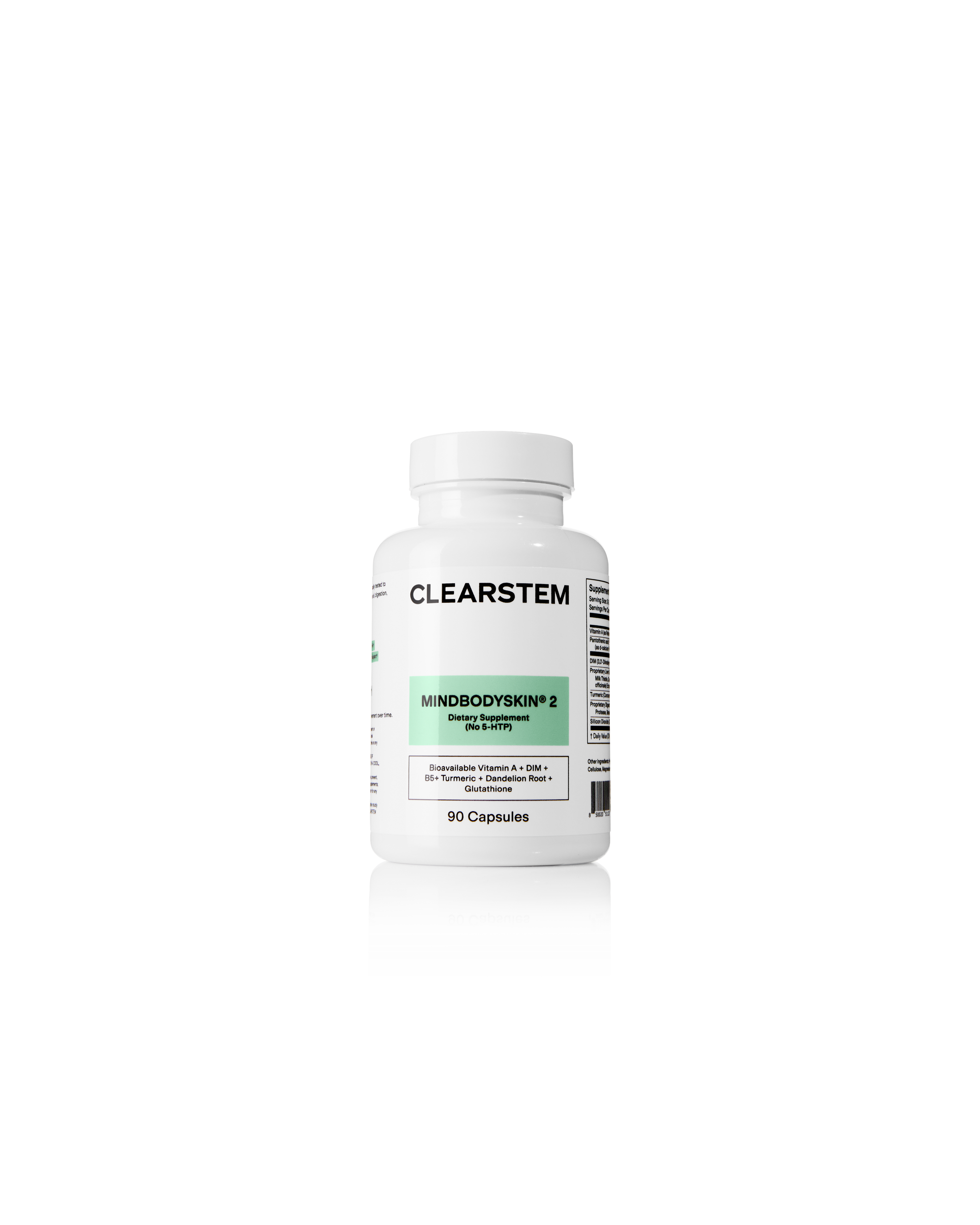 White bottle of CLEARSTEM MINDBODYSKIN 2 dietary supplement with 90 capsules.