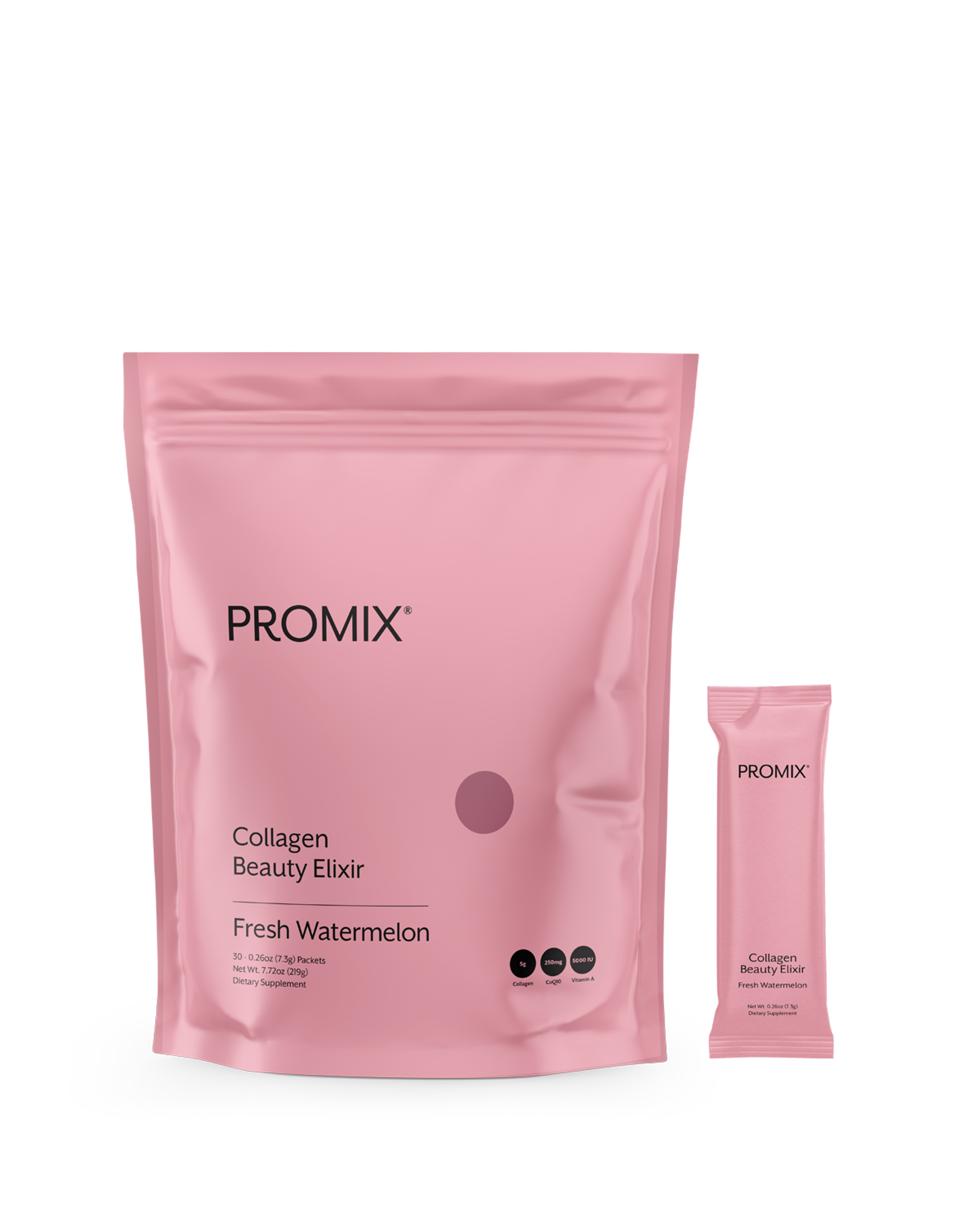 Watermelon collagen beauty elixir stick pack pouch, front view
