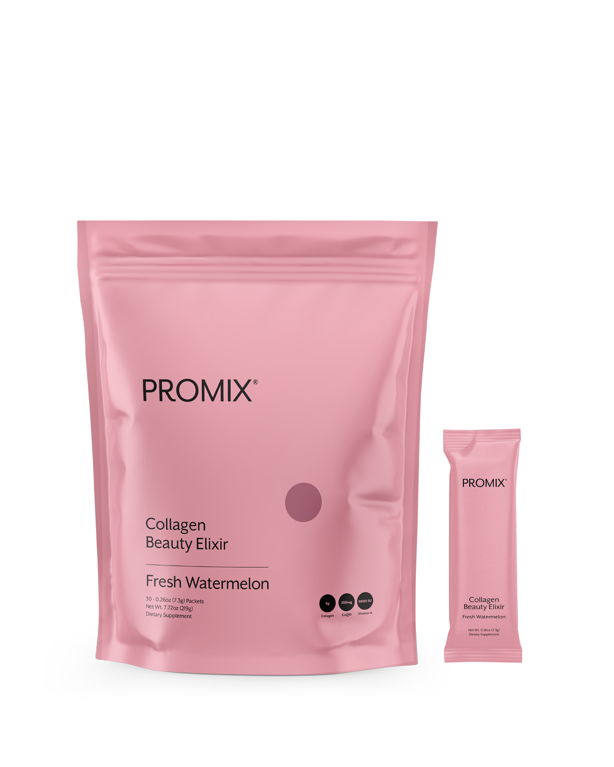 Watermelon collagen beauty elixir stick pack pouch, front view