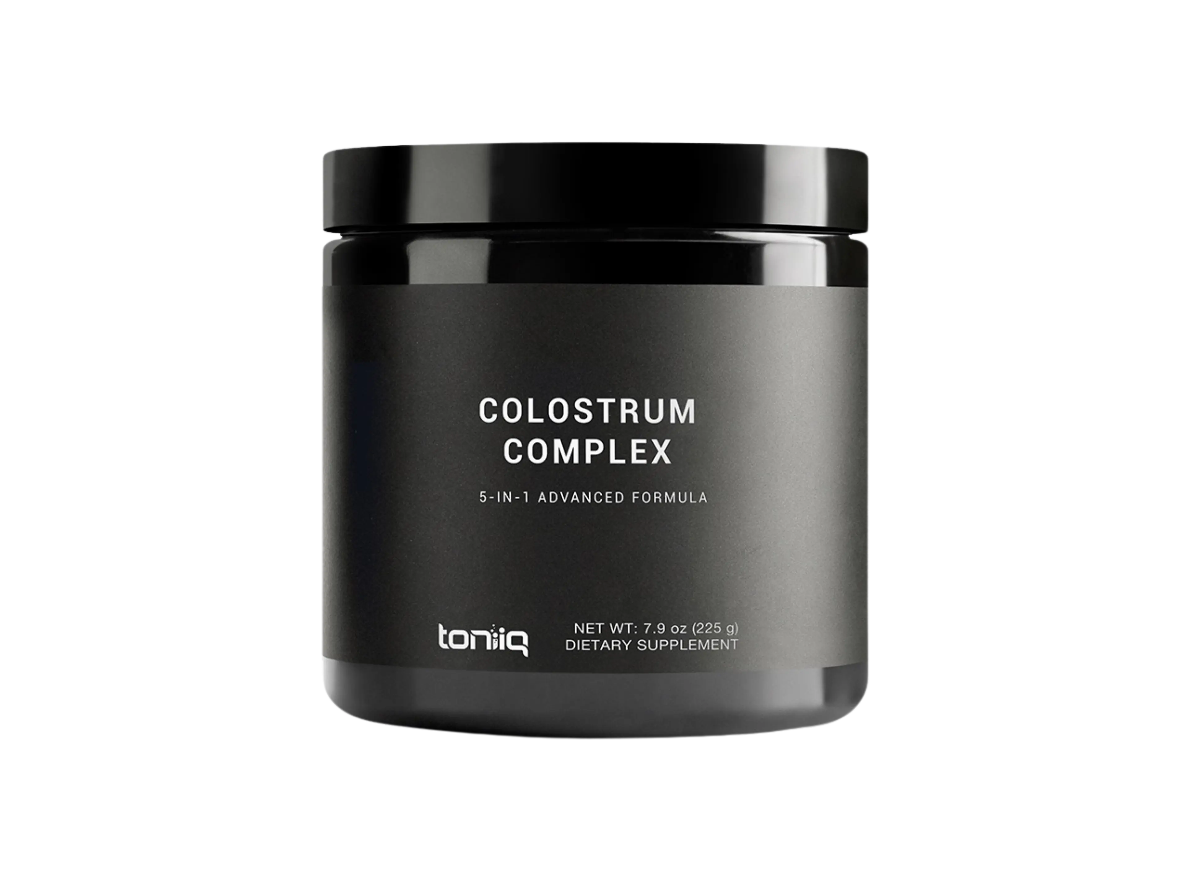 A black Toniiq Colostrum Complex dietary supplement jar.