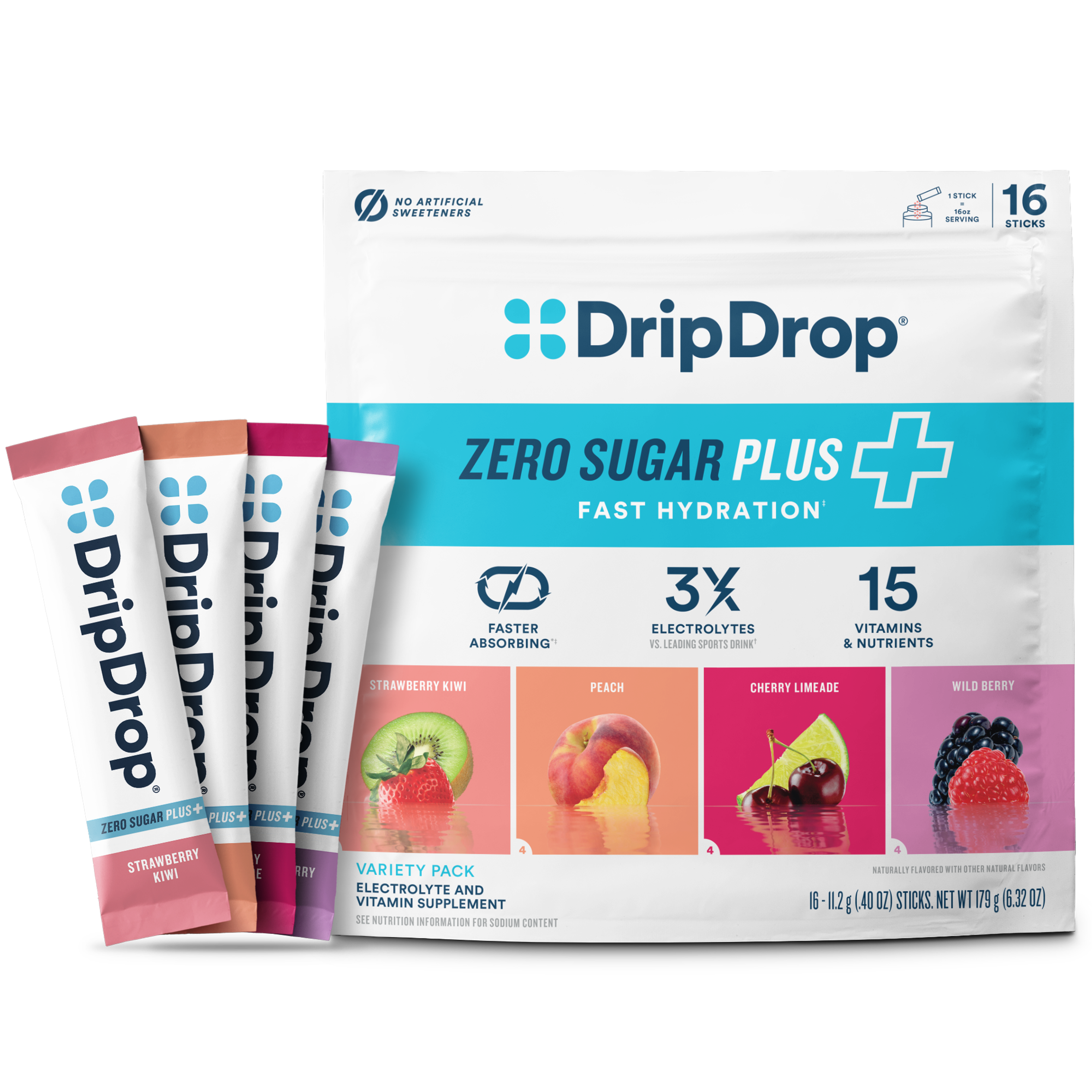 DripDrop Zero Sugar Plus, Strawberry Kiwi, Peach, Cherry Limeade, Wild Berry, 16 oz sticks, 16 count
