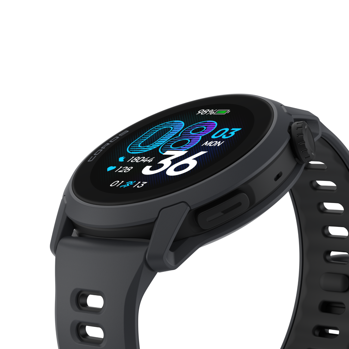 Side view of the COROS PACE 4 GPS Watch Black Watch Body with Black Silicone Band