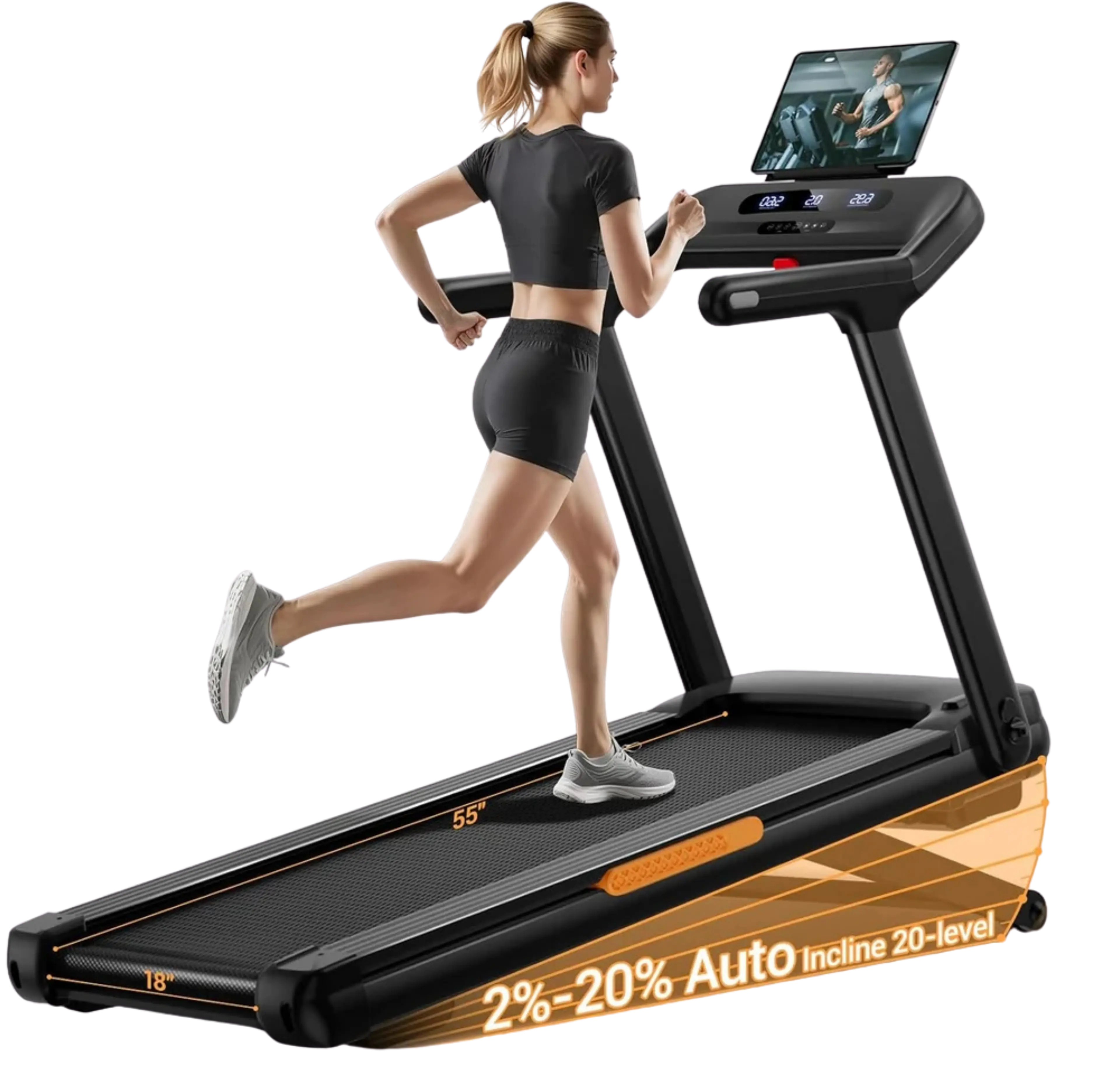 A woman runs on a black treadmill with a tablet display, showing its 55x18 inch running surface and 2-20% auto incline.