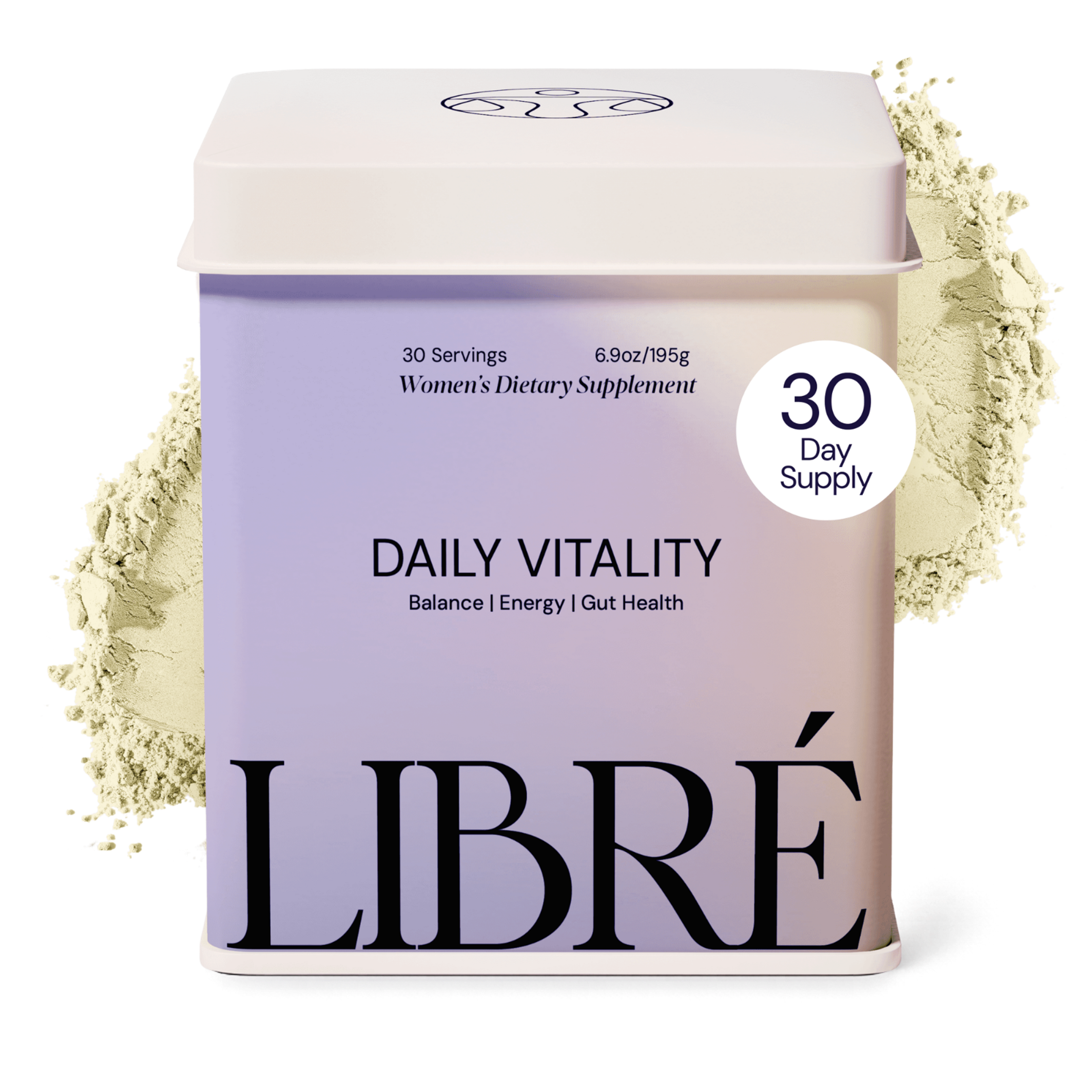 A Libre Daily Vitality Women's Dietary Supplement container, fading from purple to peach, with light green powder spilled around it. The label states "Balance | Energy | Gut Health" and "30 Day Supply".