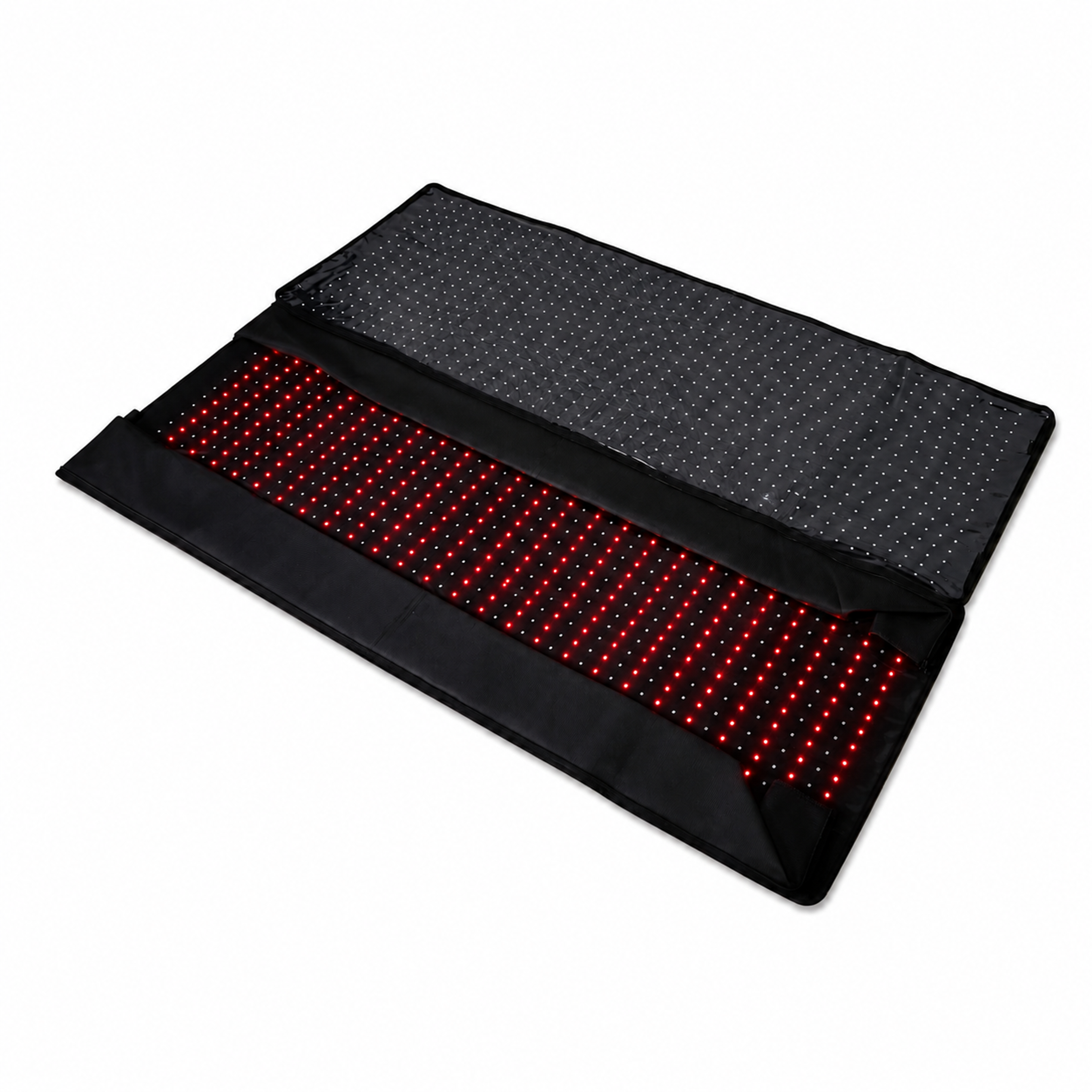 Black red light therapy mat unfolded to show glowing red lights.