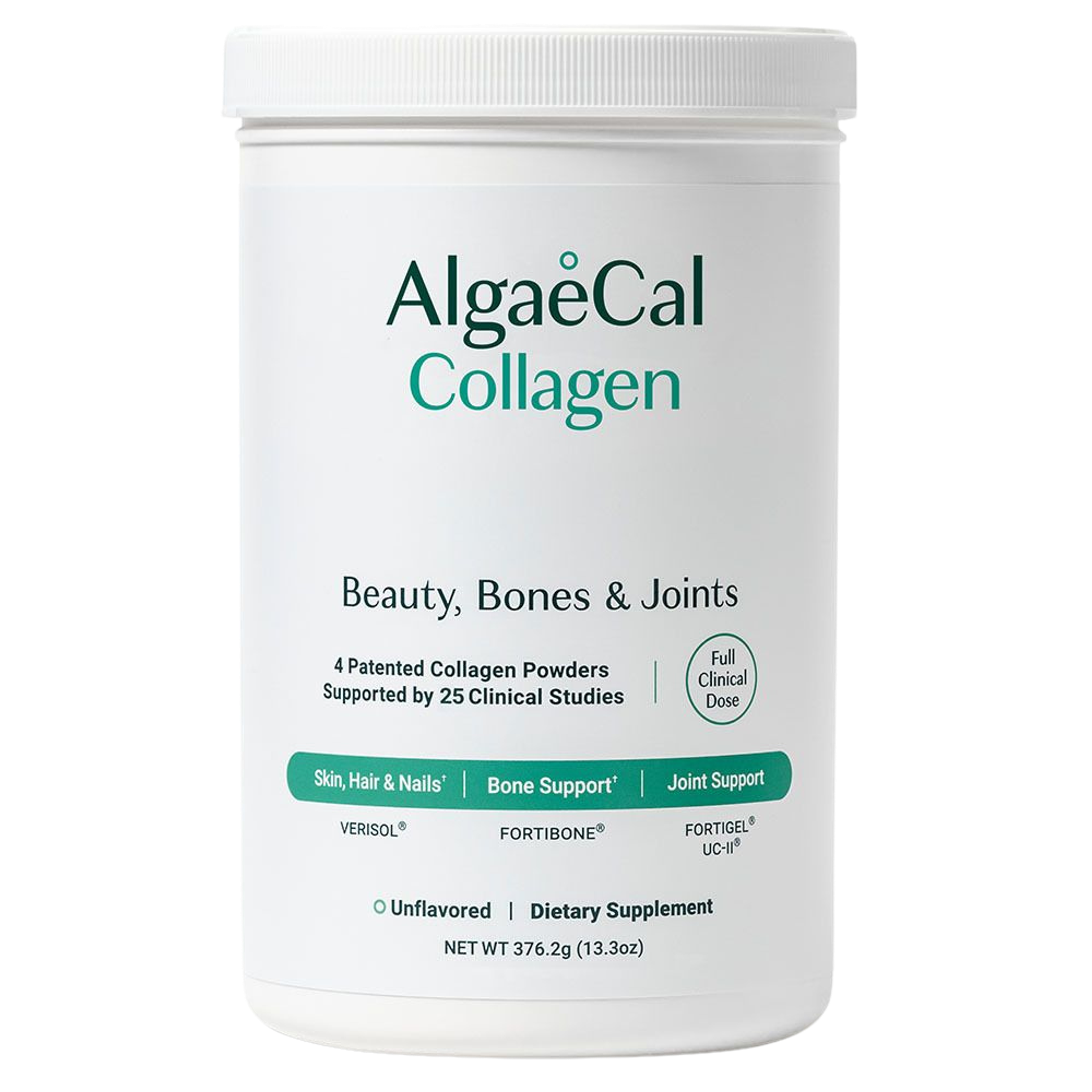 White tub of AlgaeCal Collagen powder, an unflavored dietary supplement for beauty, bones, and joints.
