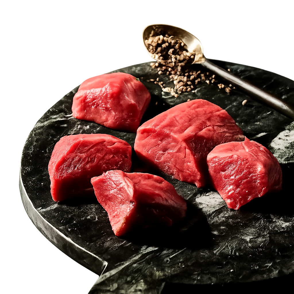 Raw beef chunks on a dark cutting board with a spoon of ground pepper.
