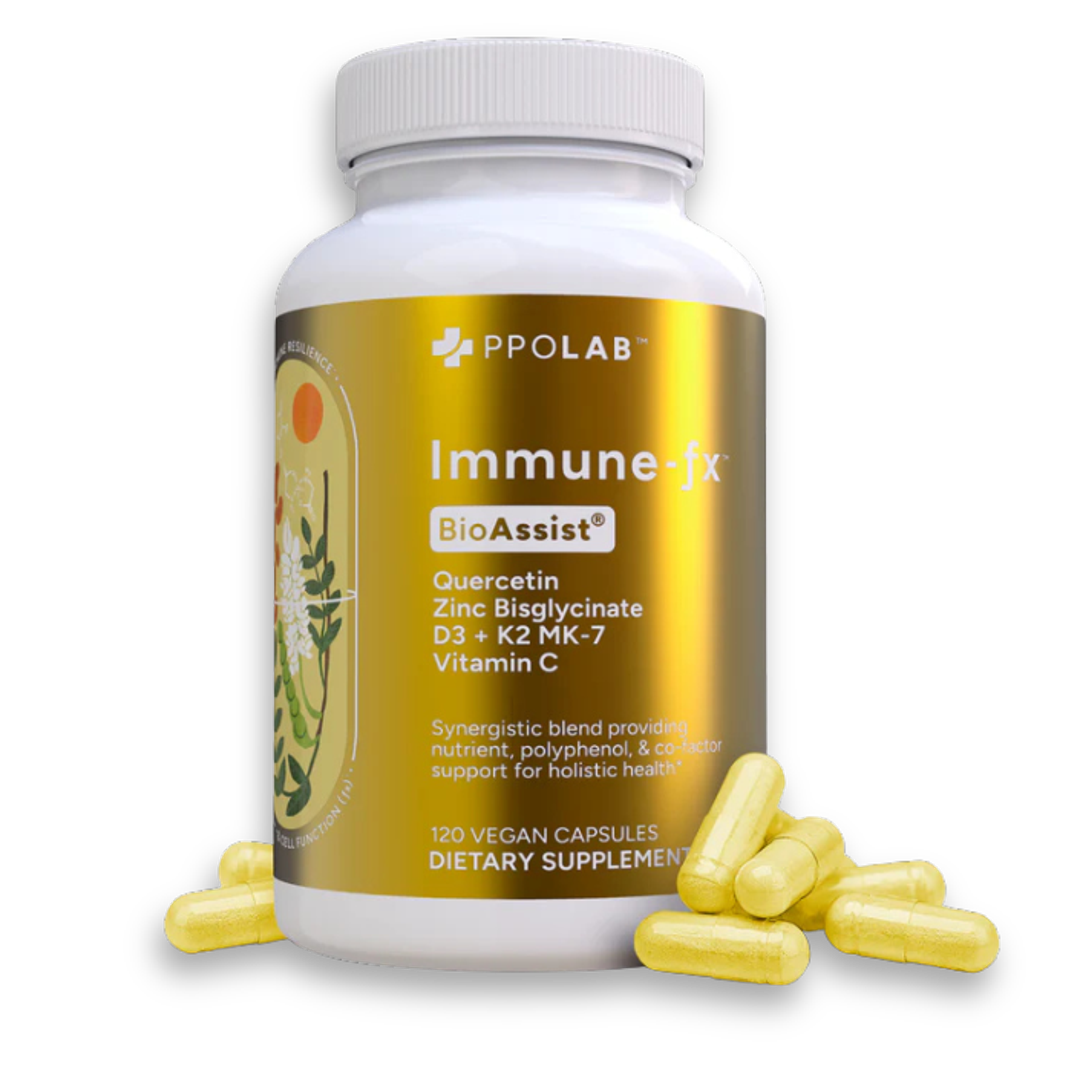A white bottle of PPLab Immune-fx BioAssist supplement with a gold label, listing Quercetin, Zinc, D3+K2 MK-7, and Vitamin C, surrounded by yellow capsules.