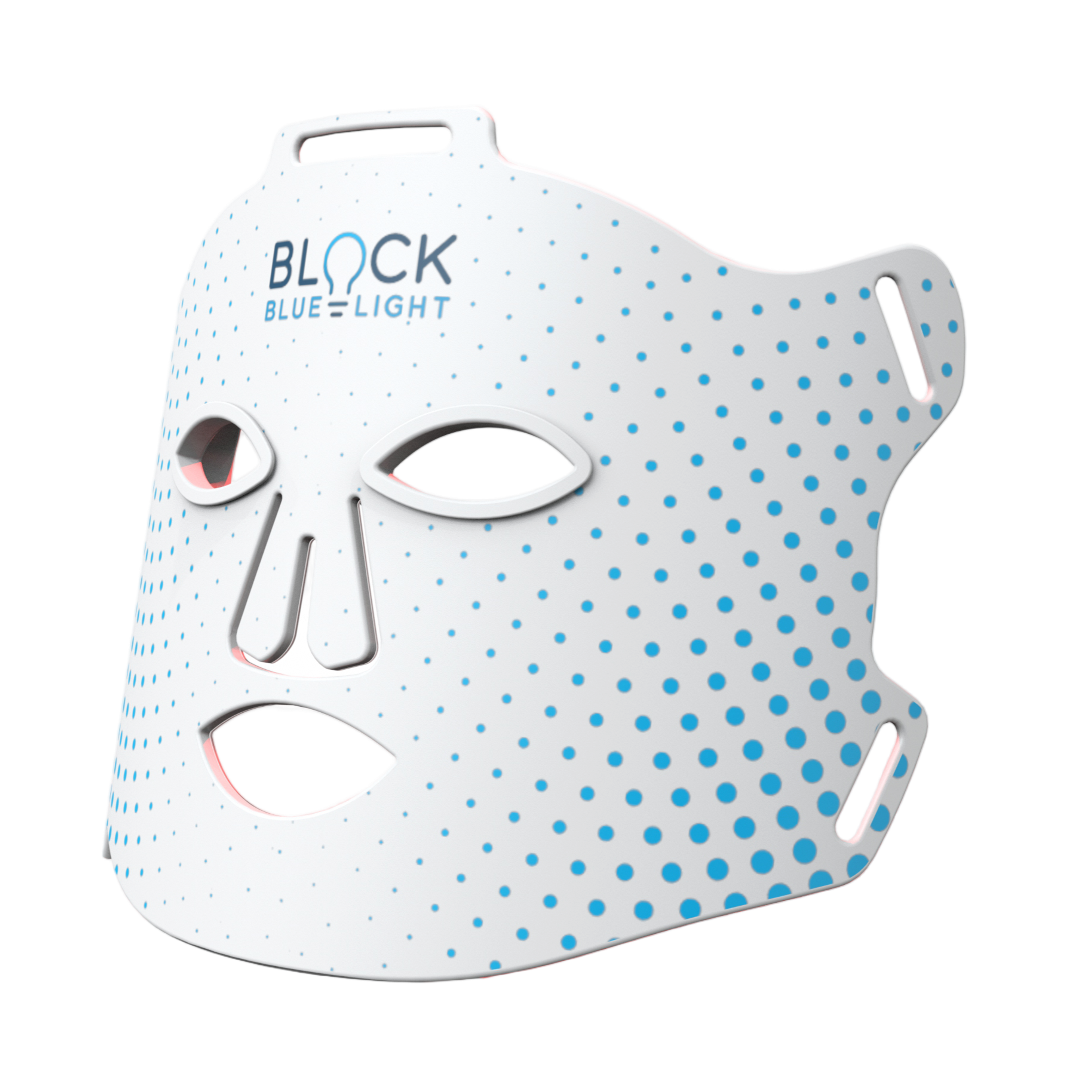 Red light therapy face mask glowing red on model