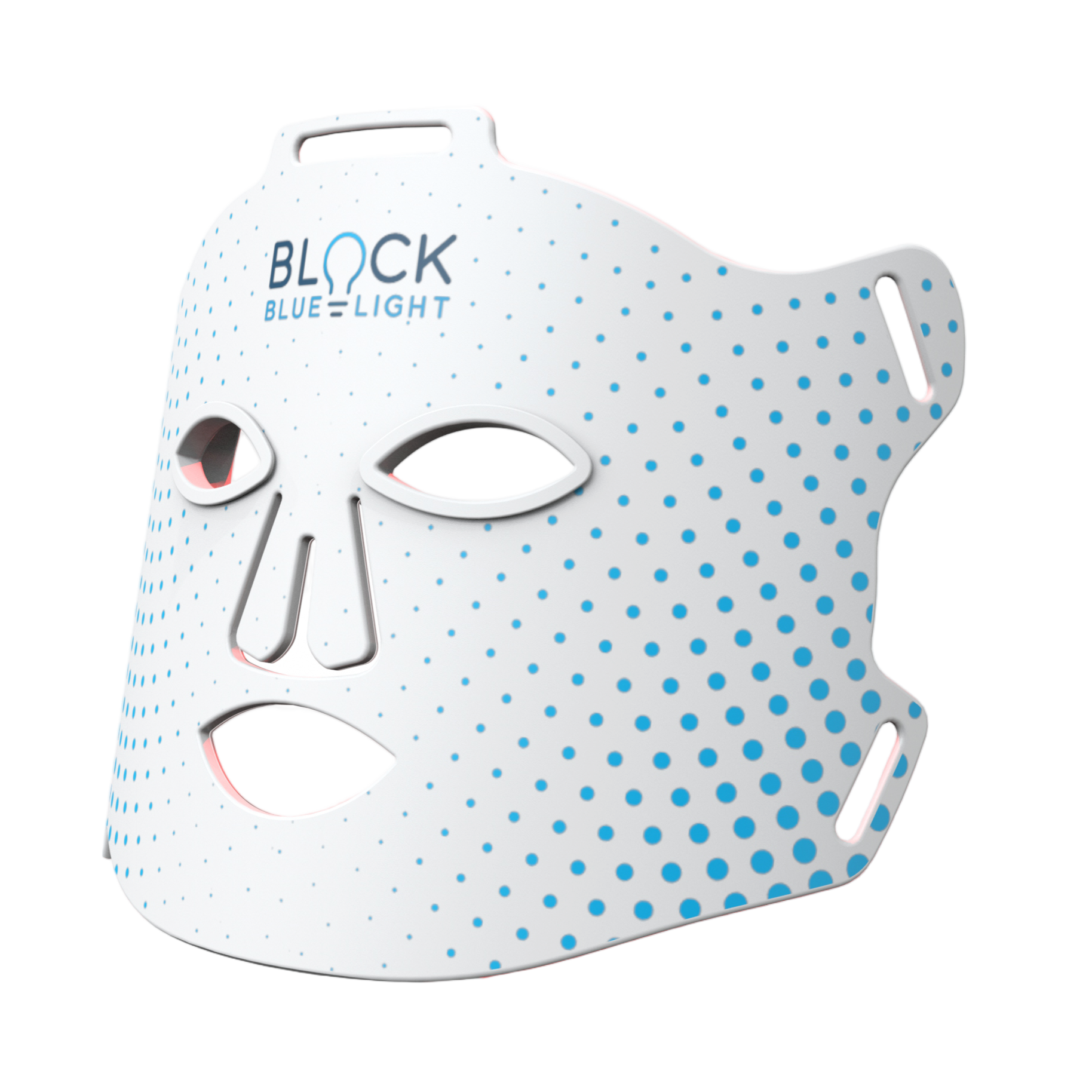 Red light therapy face mask glowing red on model