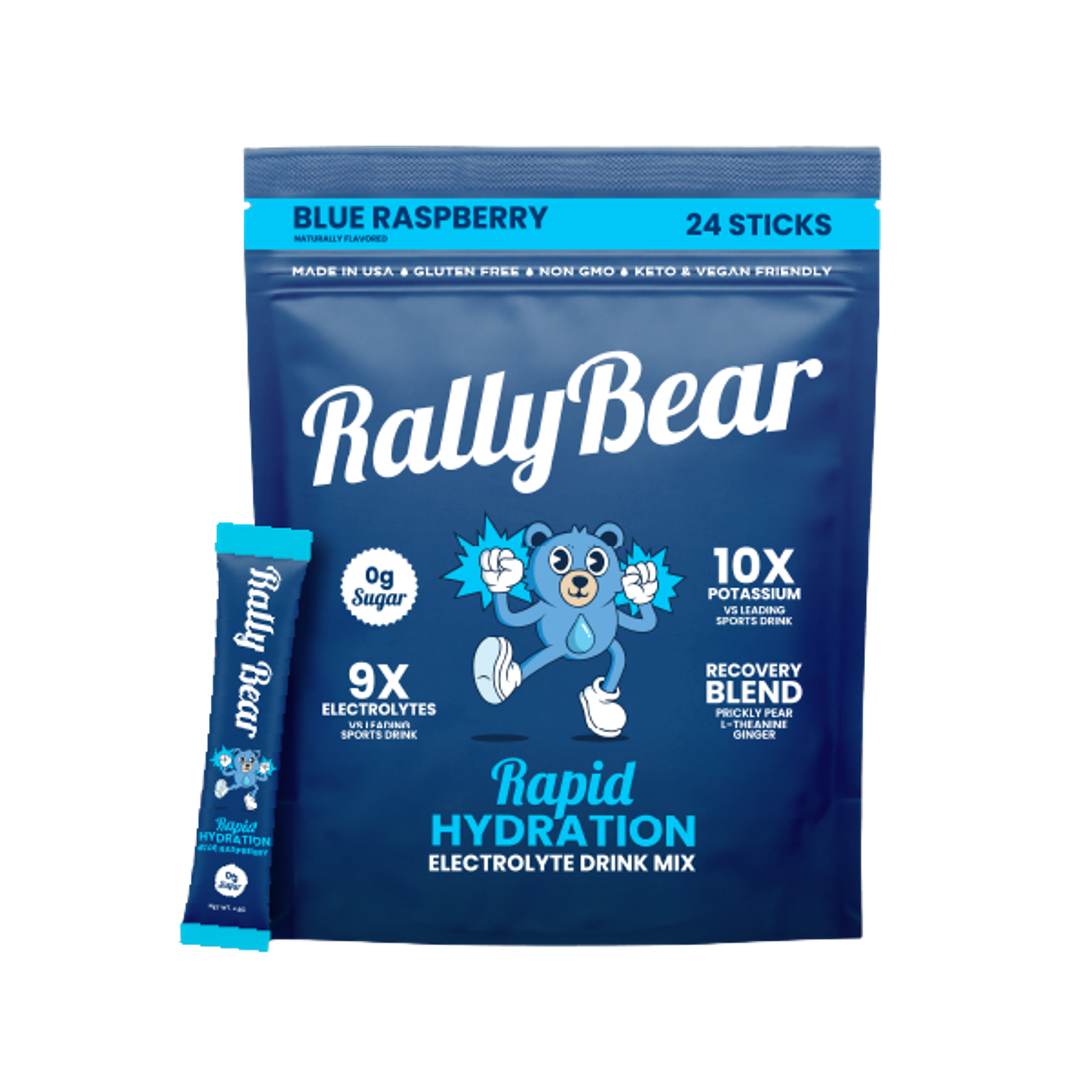 Blue Raspberry Rally Bear Rapid Hydration Electrolyte Drink Mix pouch with 24 sticks and one individual stick packet.