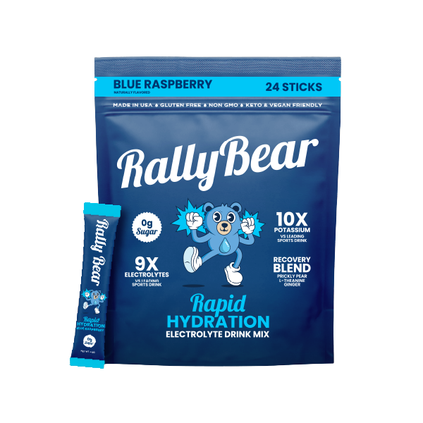 Blue Raspberry Rally Bear Rapid Hydration Electrolyte Drink Mix pouch with 24 sticks and one individual stick packet.