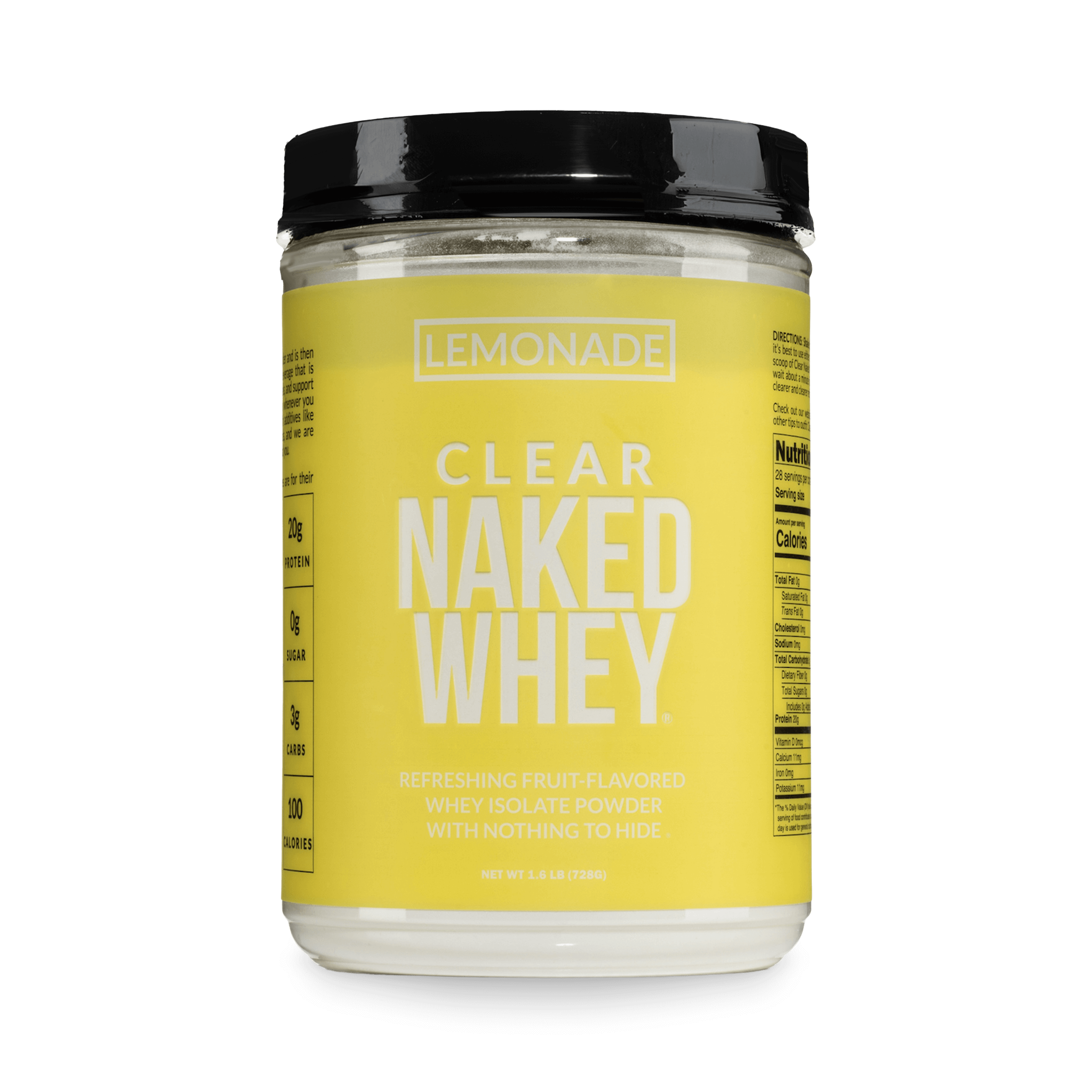 Container of Clear Naked Whey Lemonade protein powder, 2 lb size
