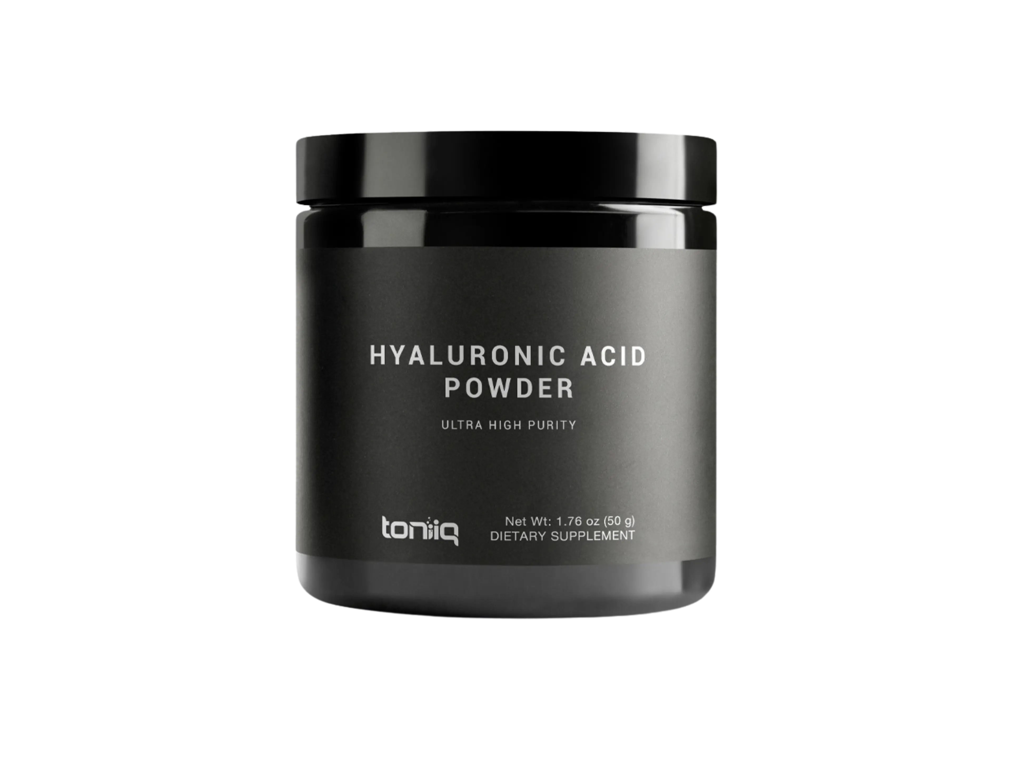 Scoop of hyaluronic acid powder beside 50g jar