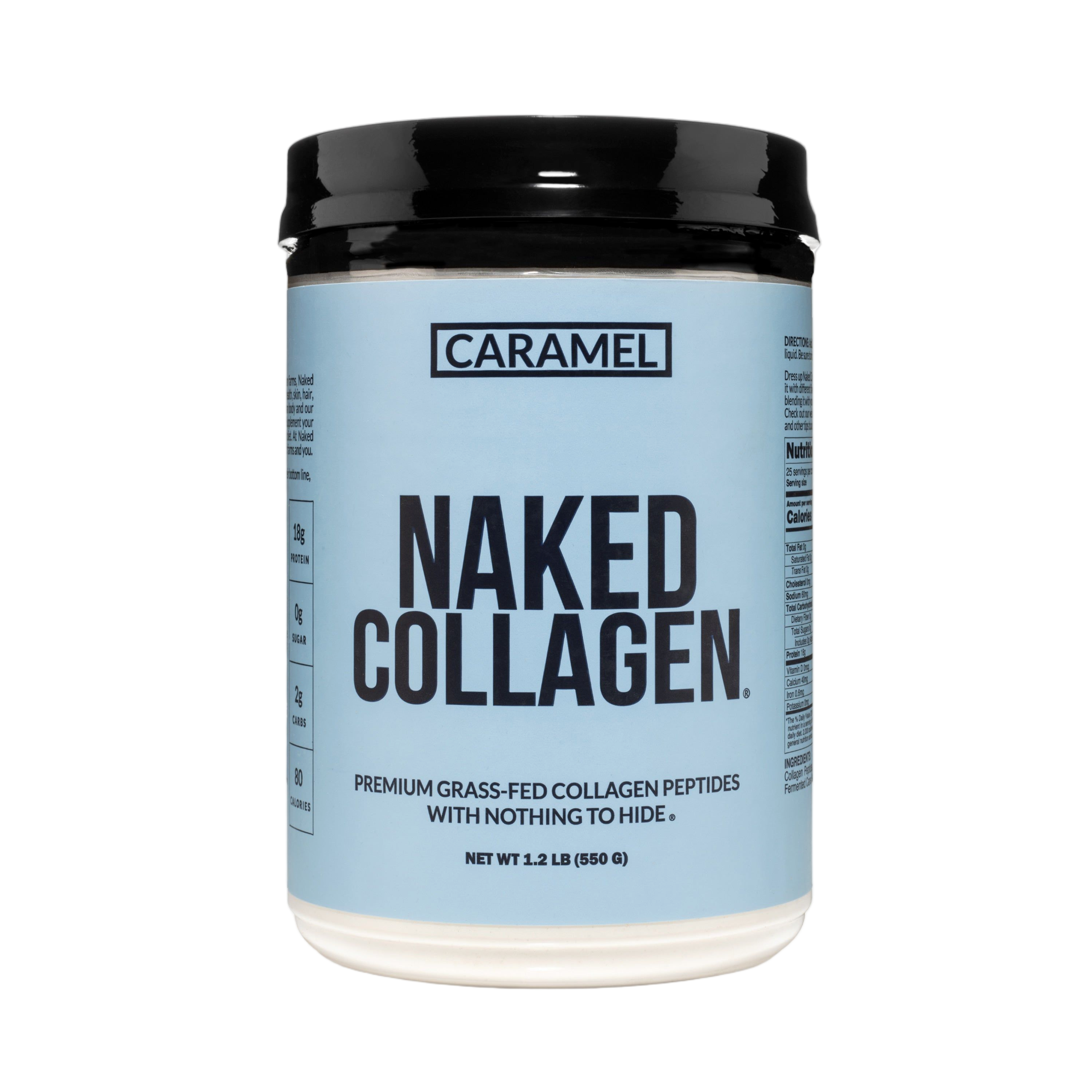 Container of caramel flavored collagen peptide powder, GMO-free and gluten-free
