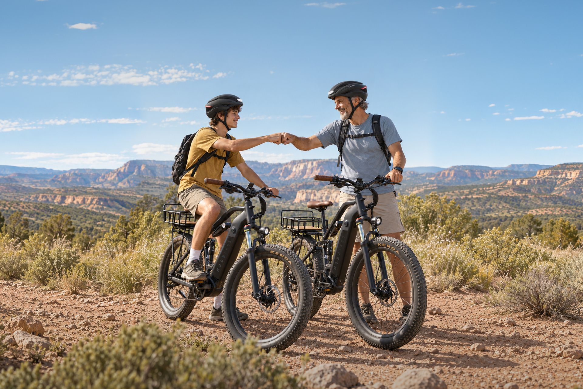 Two men on electric bikes fist bump on a scenic trail overlooking a canyon.