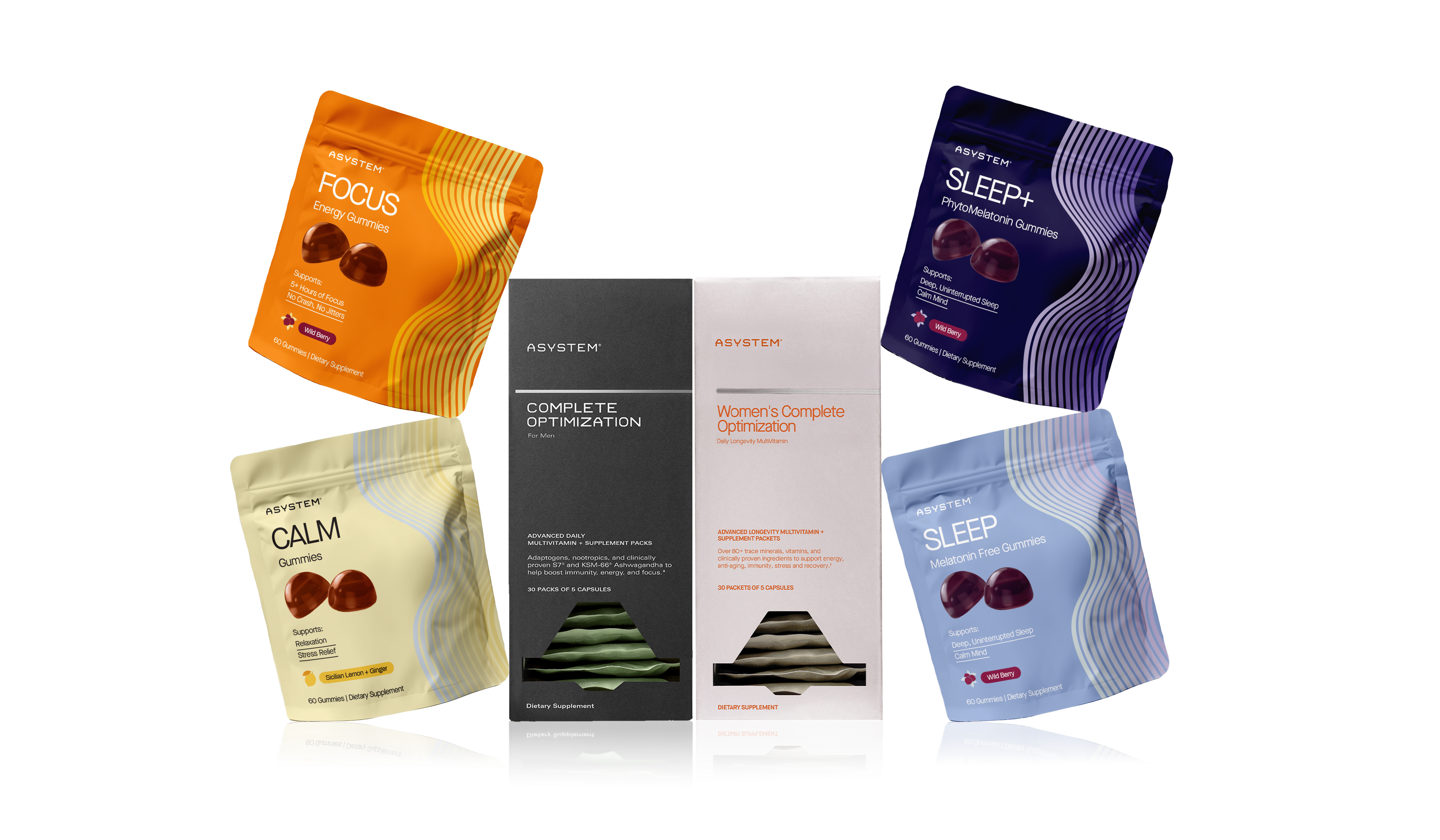 ASYSTEM brand supplements including 'Complete Optimization' boxes and 'Focus,' 'Calm,' and 'Sleep' gummy pouches.