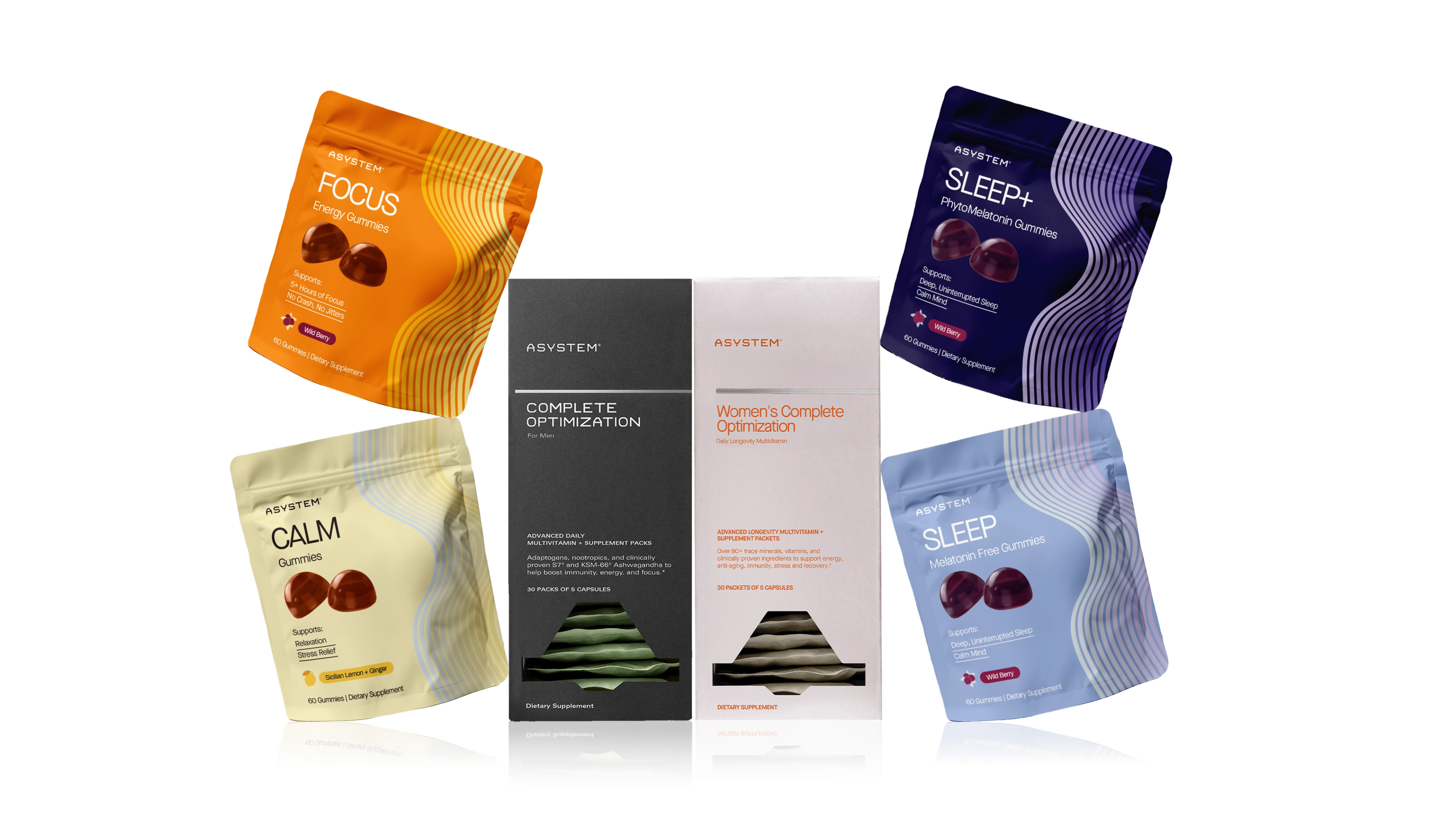 ASYSTEM brand supplements including 'Complete Optimization' boxes and 'Focus,' 'Calm,' and 'Sleep' gummy pouches.