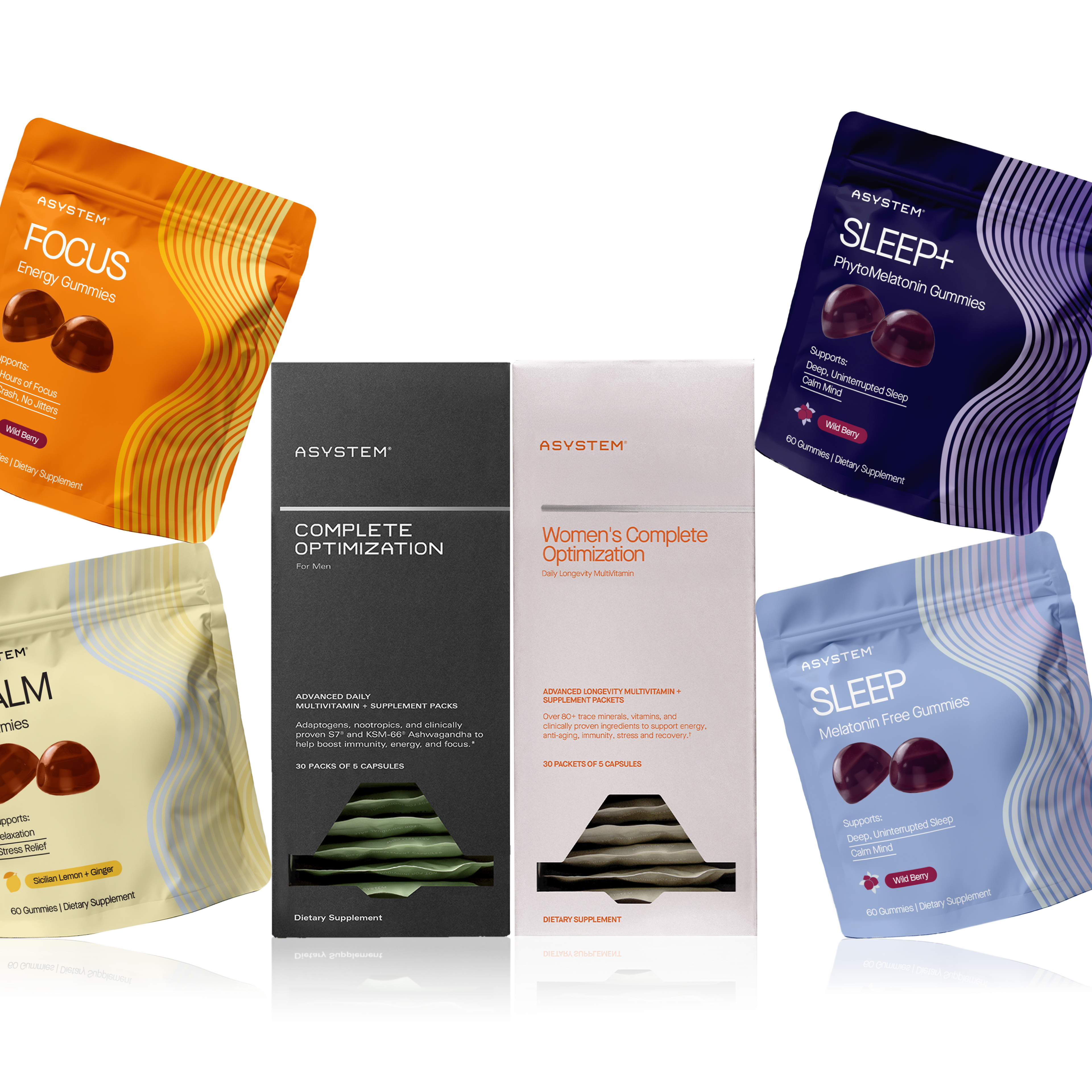 ASYSTEM brand supplements including 'Complete Optimization' boxes and 'Focus,' 'Calm,' and 'Sleep' gummy pouches.