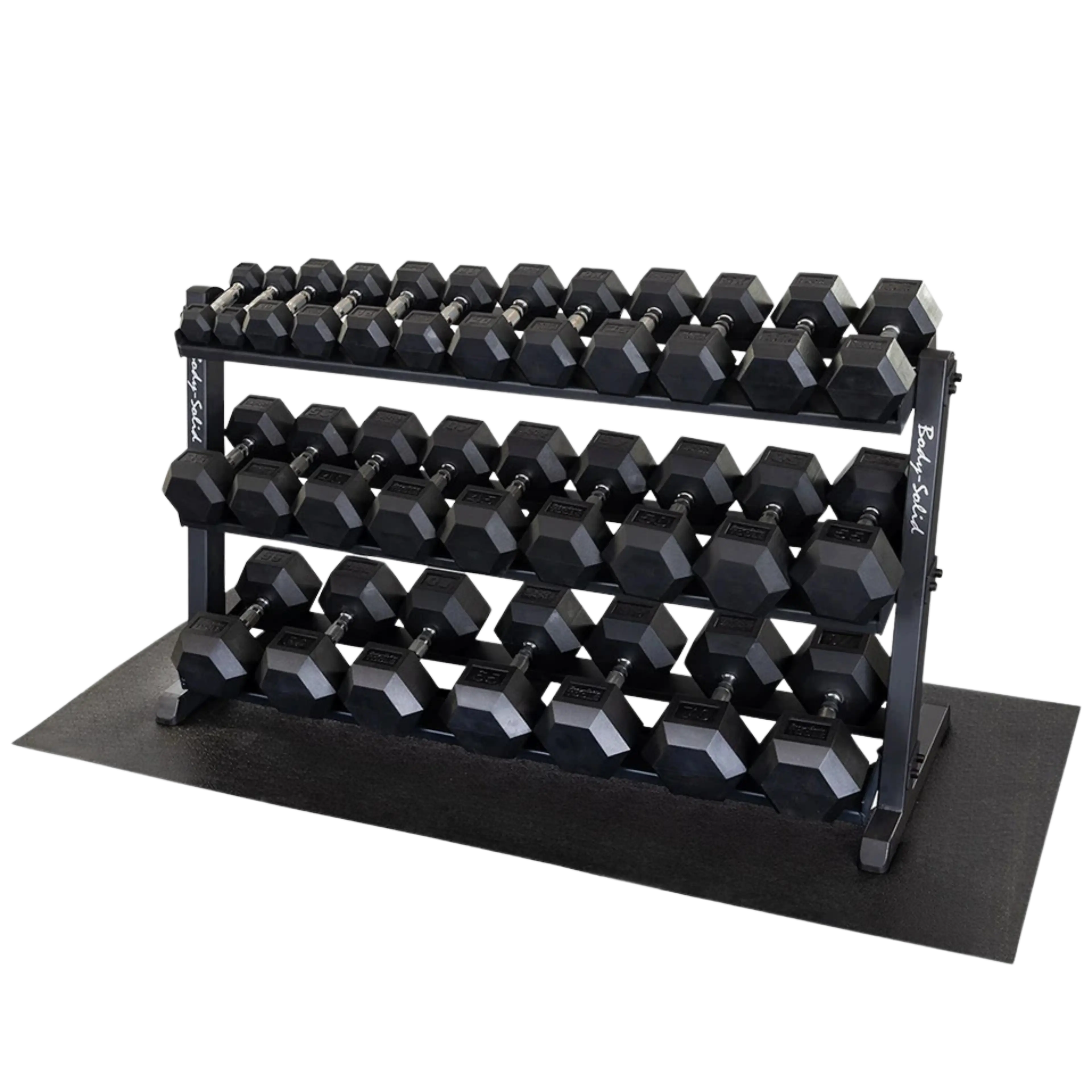 A black Body-Solid three-tier dumbbell rack filled with hexagonal rubber dumbbells on a black mat.