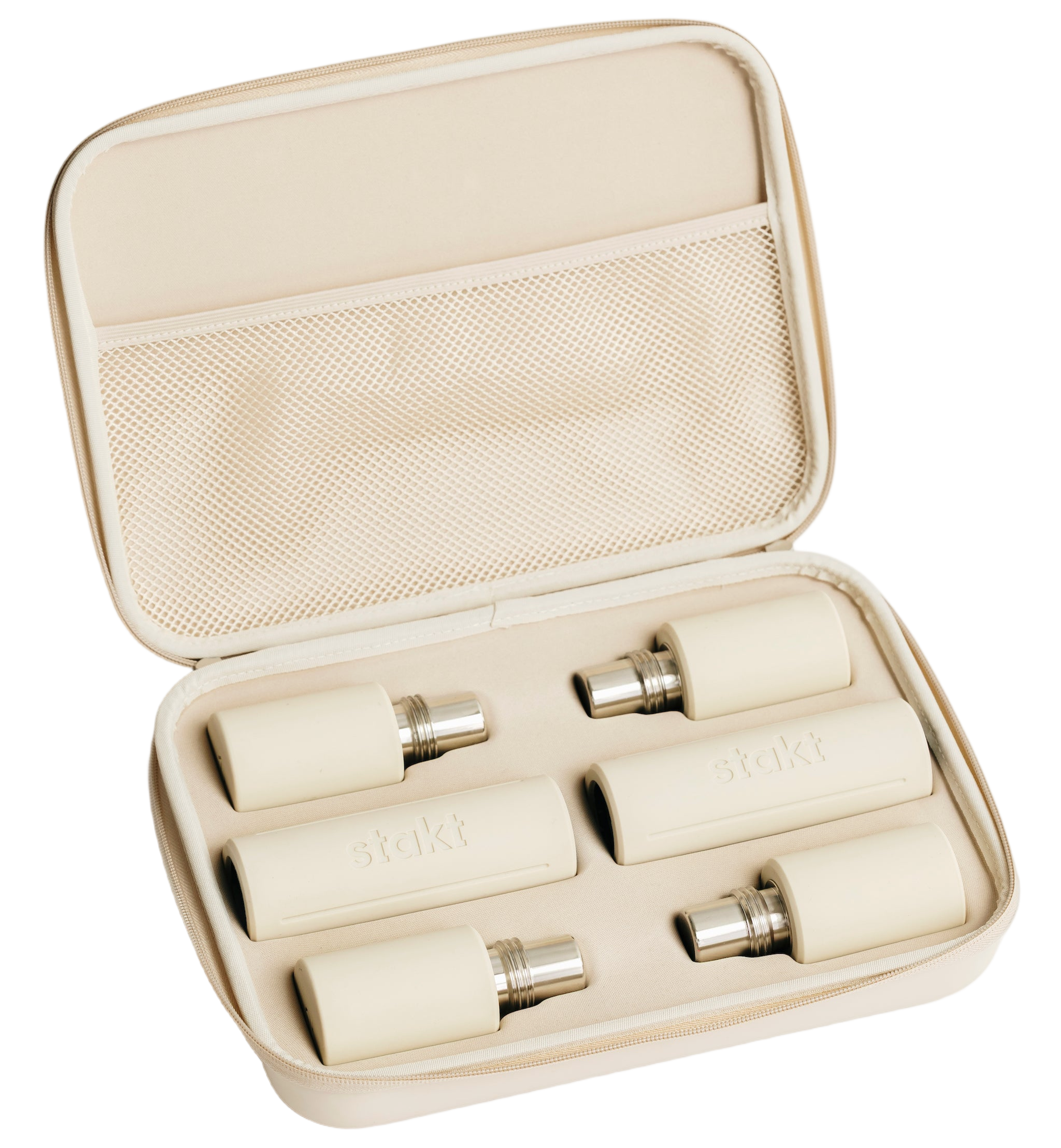 Set of stackable Stakt dumbbells with storage case
