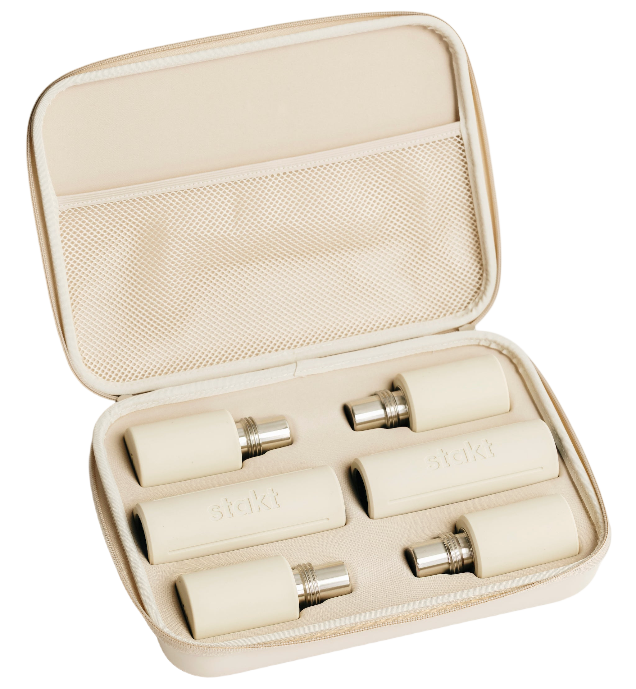 Set of stackable Stakt dumbbells with storage case