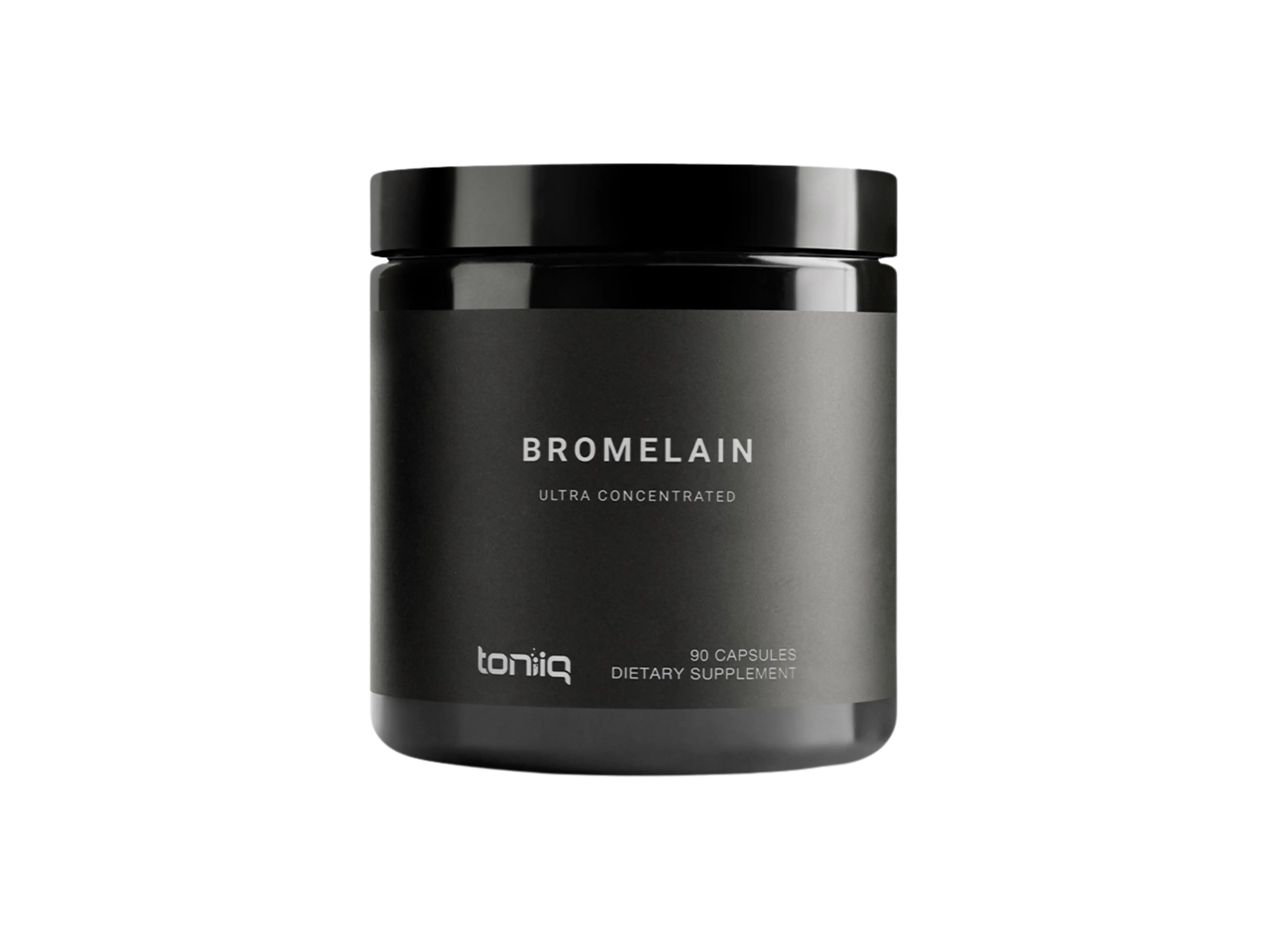 Black jar of Toniiq Bromelain Ultra Concentrated 90 capsules dietary supplement.