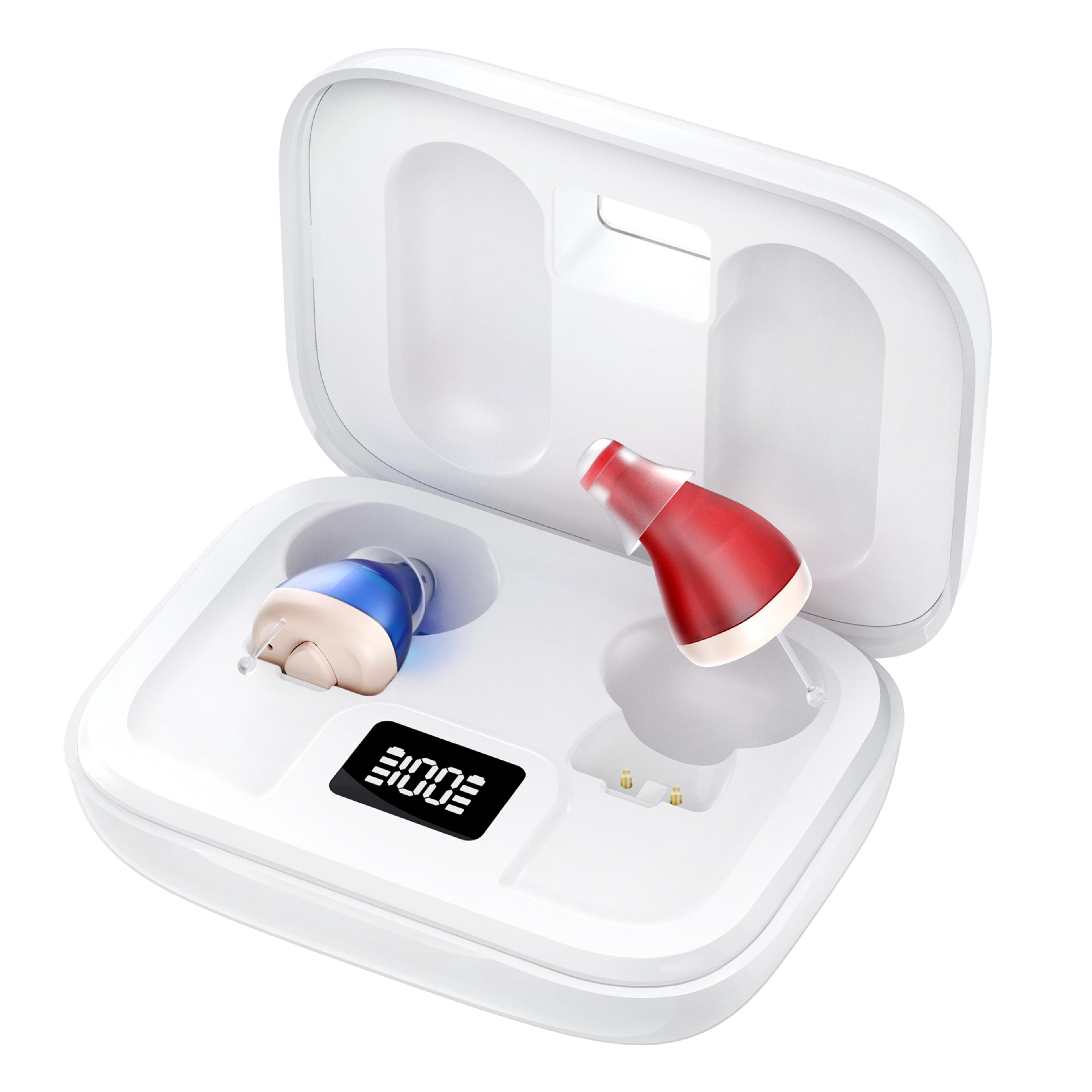 An open white charging case containing one blue and one red hearing aid, with a digital display showing 100.