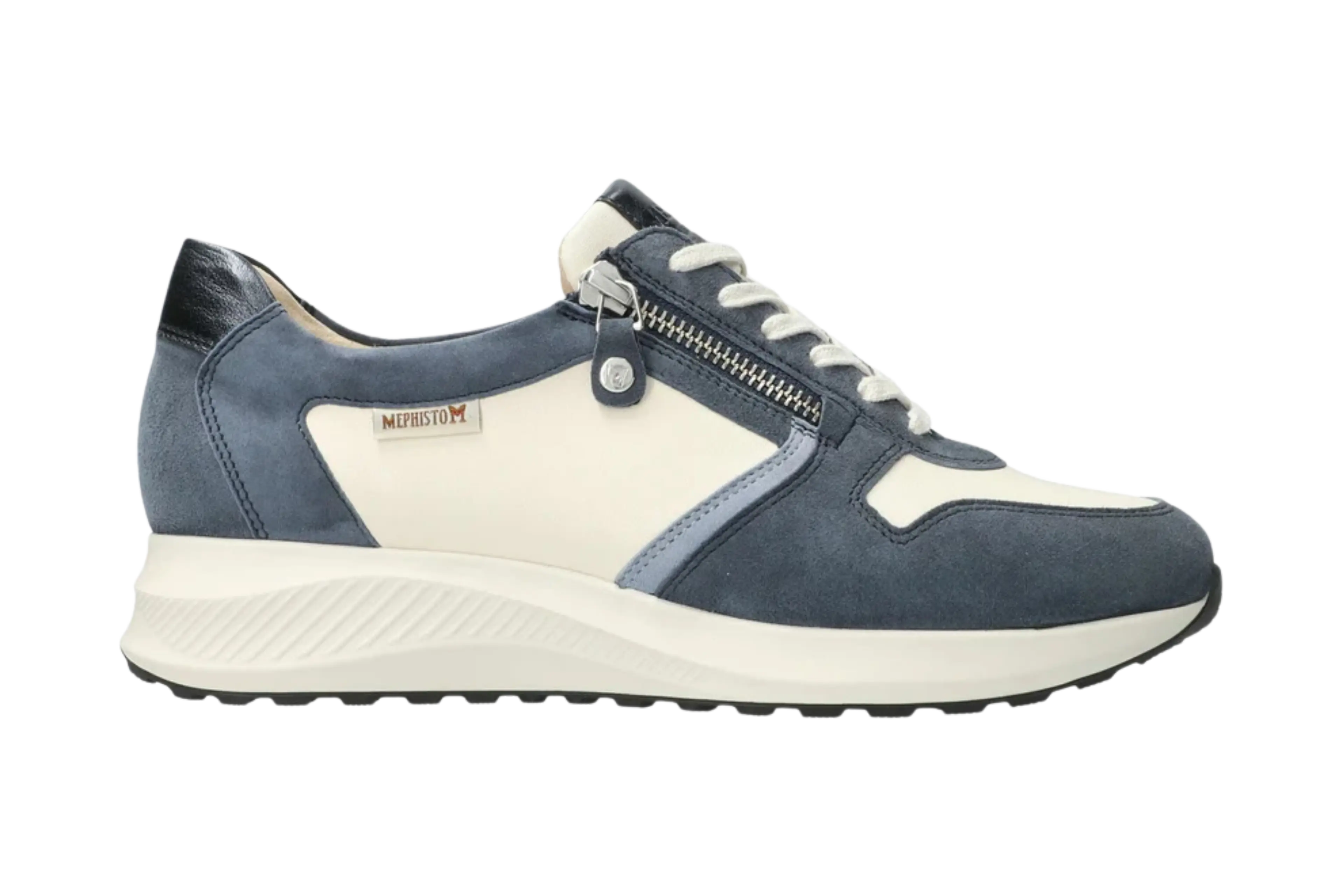 A blue suede and off-white Mephisto sneaker with a side zipper and laces.