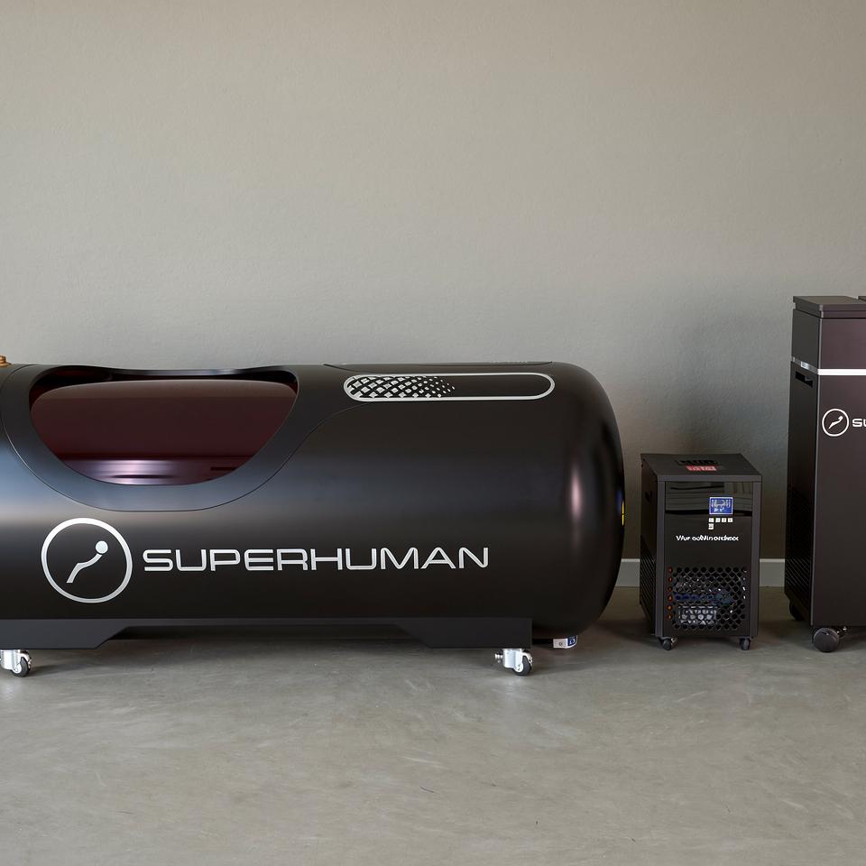 Black Superhuman hyperbaric chamber and two accompanying machines.