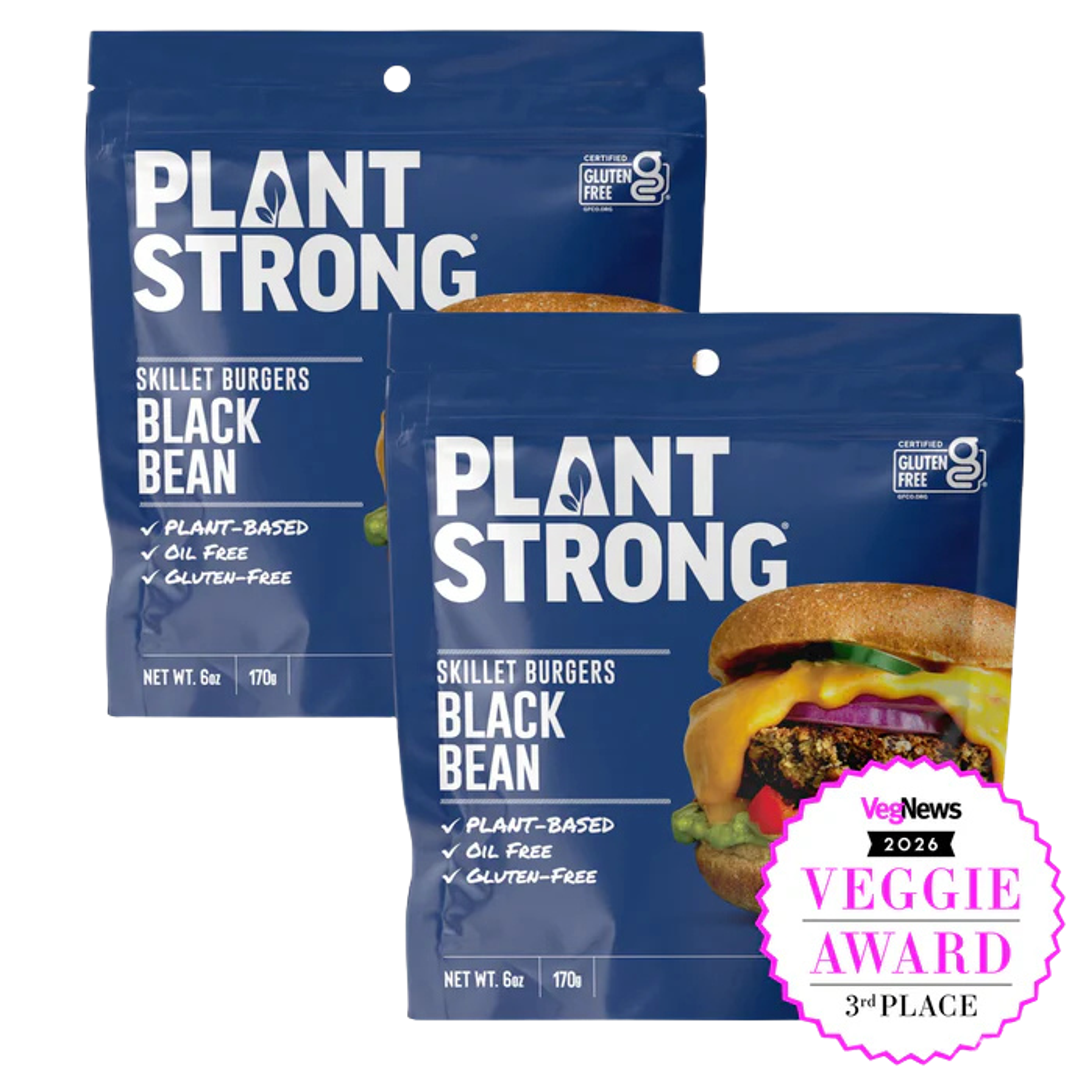 Two dark blue pouches of Plant Strong Black Bean Skillet Burgers, one with a VegNews 2026 Veggie Award 3rd Place sticker.