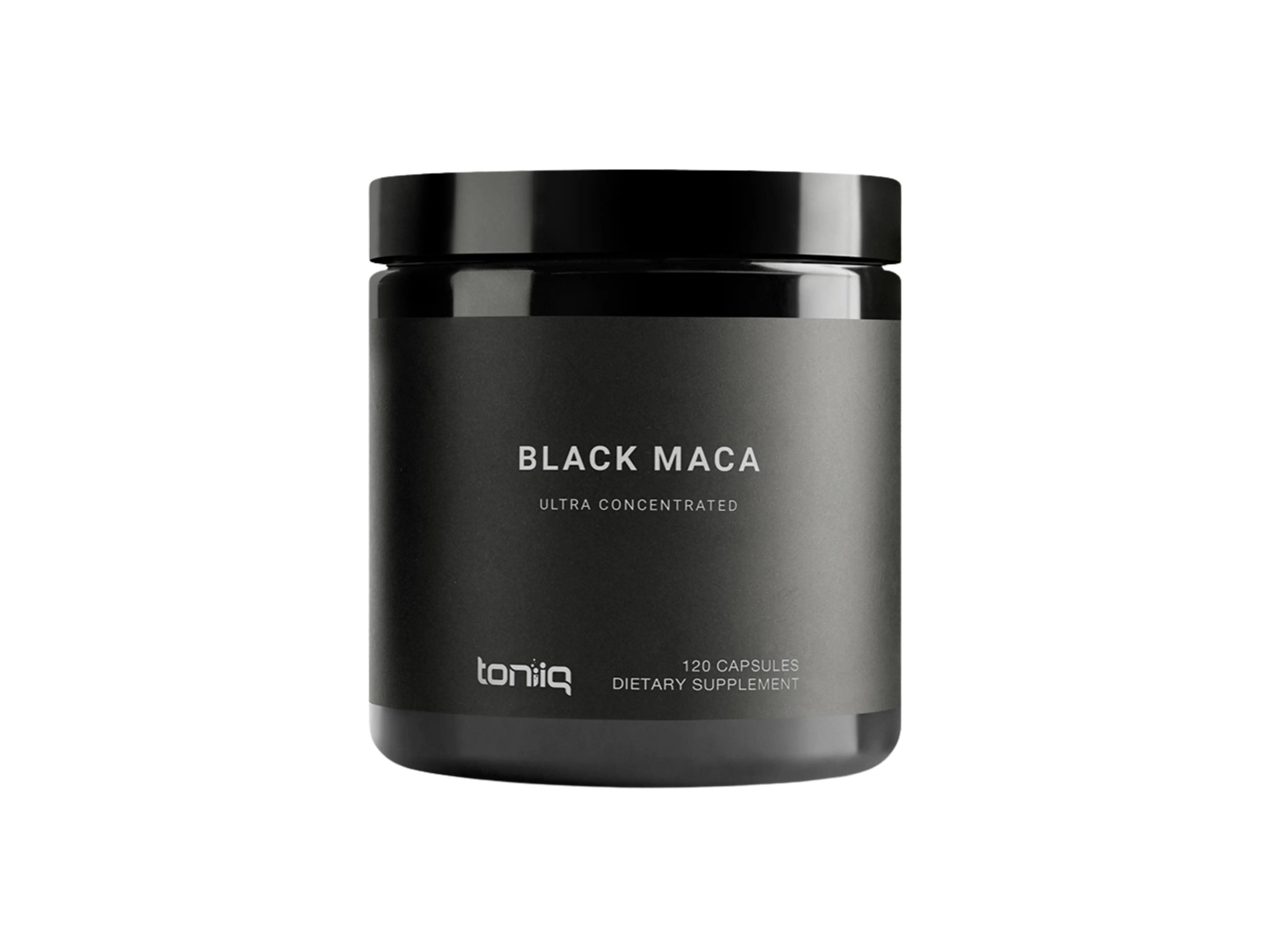 Black Toniiq Black Maca Ultra Concentrated dietary supplement jar with 120 capsules.