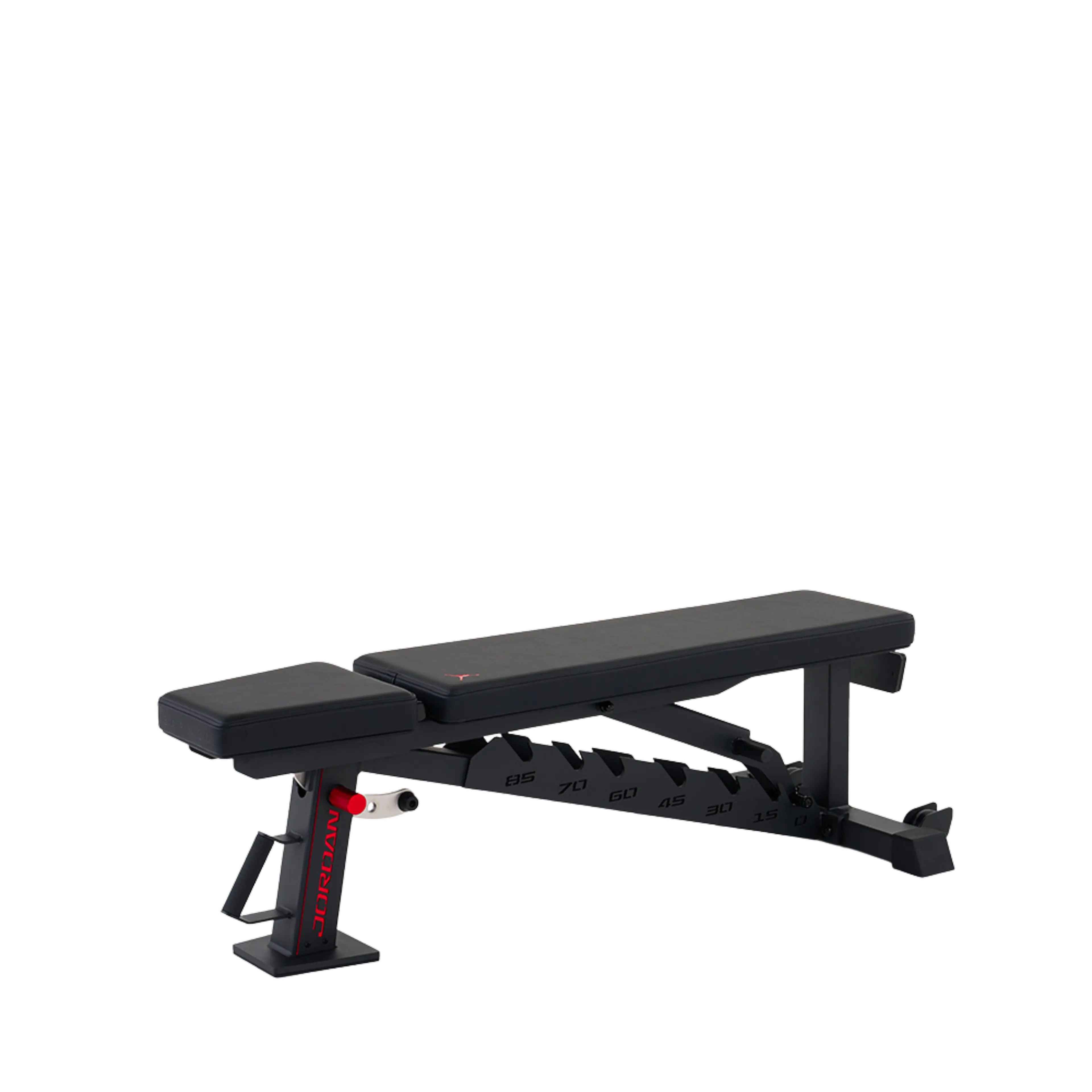 Adjustable black weight bench with red accents and Jordan logo.