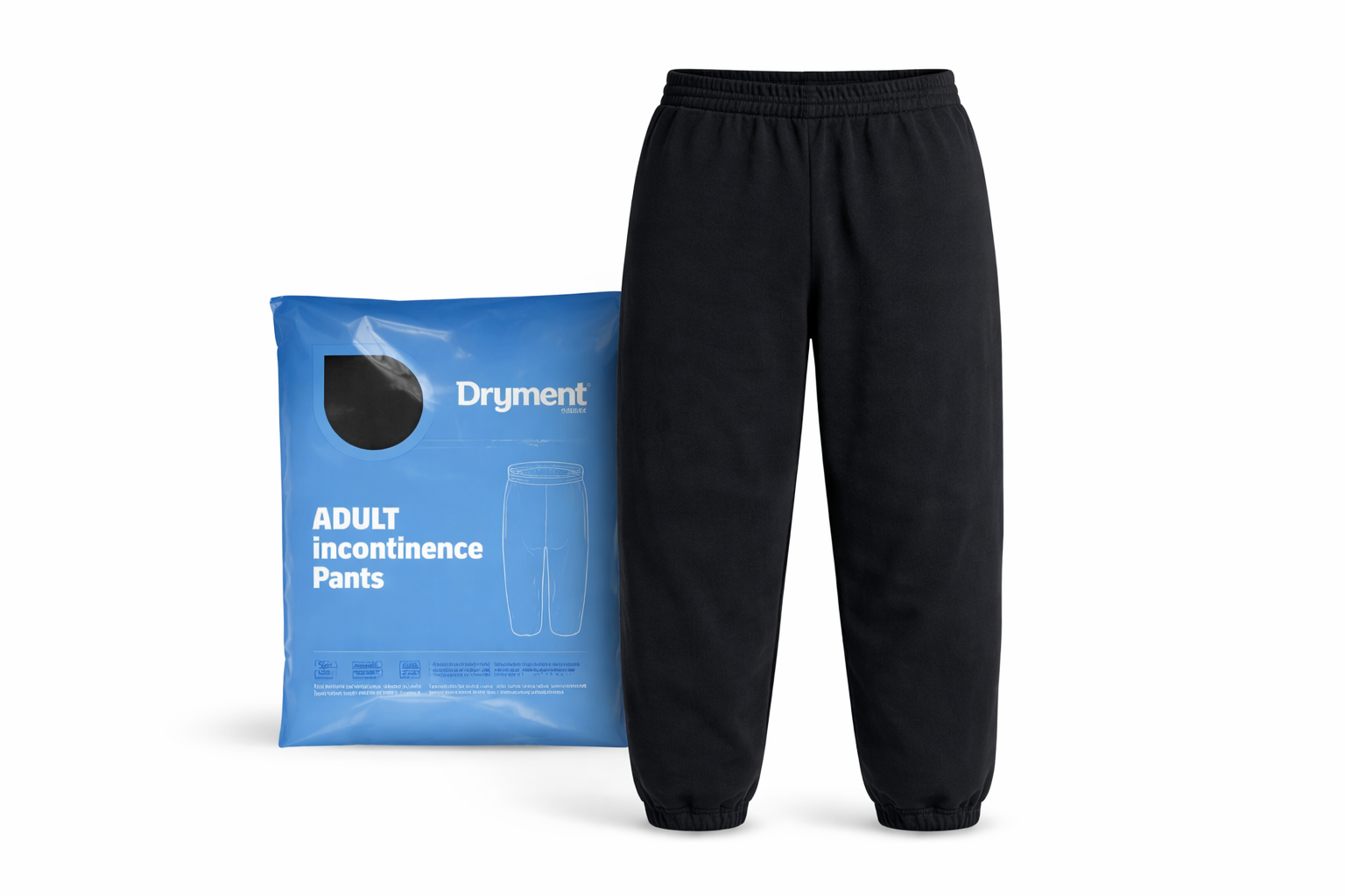 A blue package of Dryment Adult Incontinence Pants next to a pair of black sweatpants.