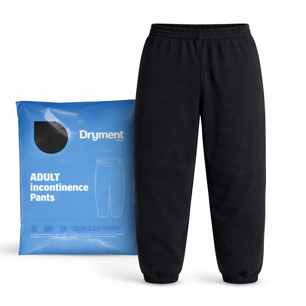 A blue package of Dryment Adult Incontinence Pants next to a pair of black sweatpants.