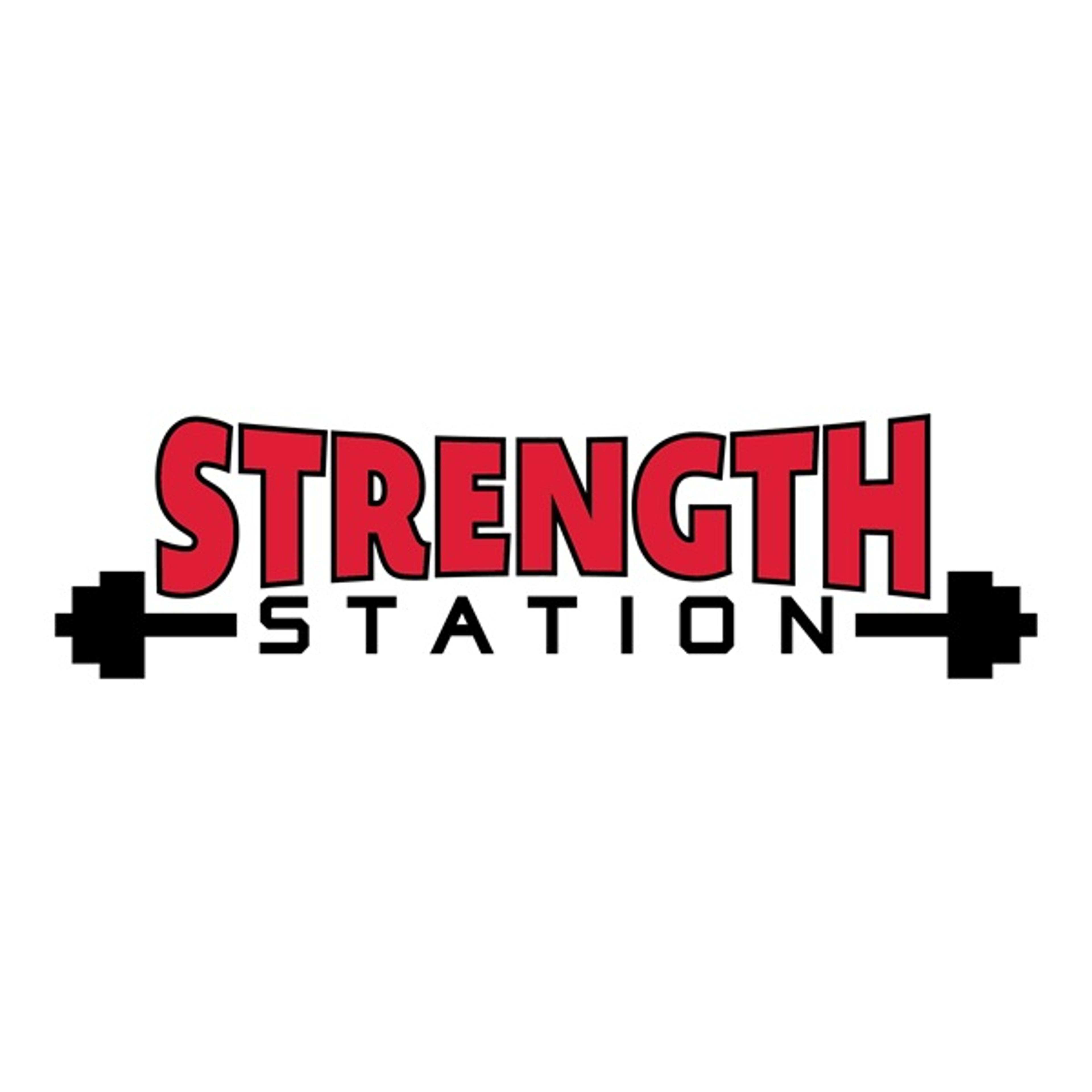 Strength Station logo with red text and barbell graphic.