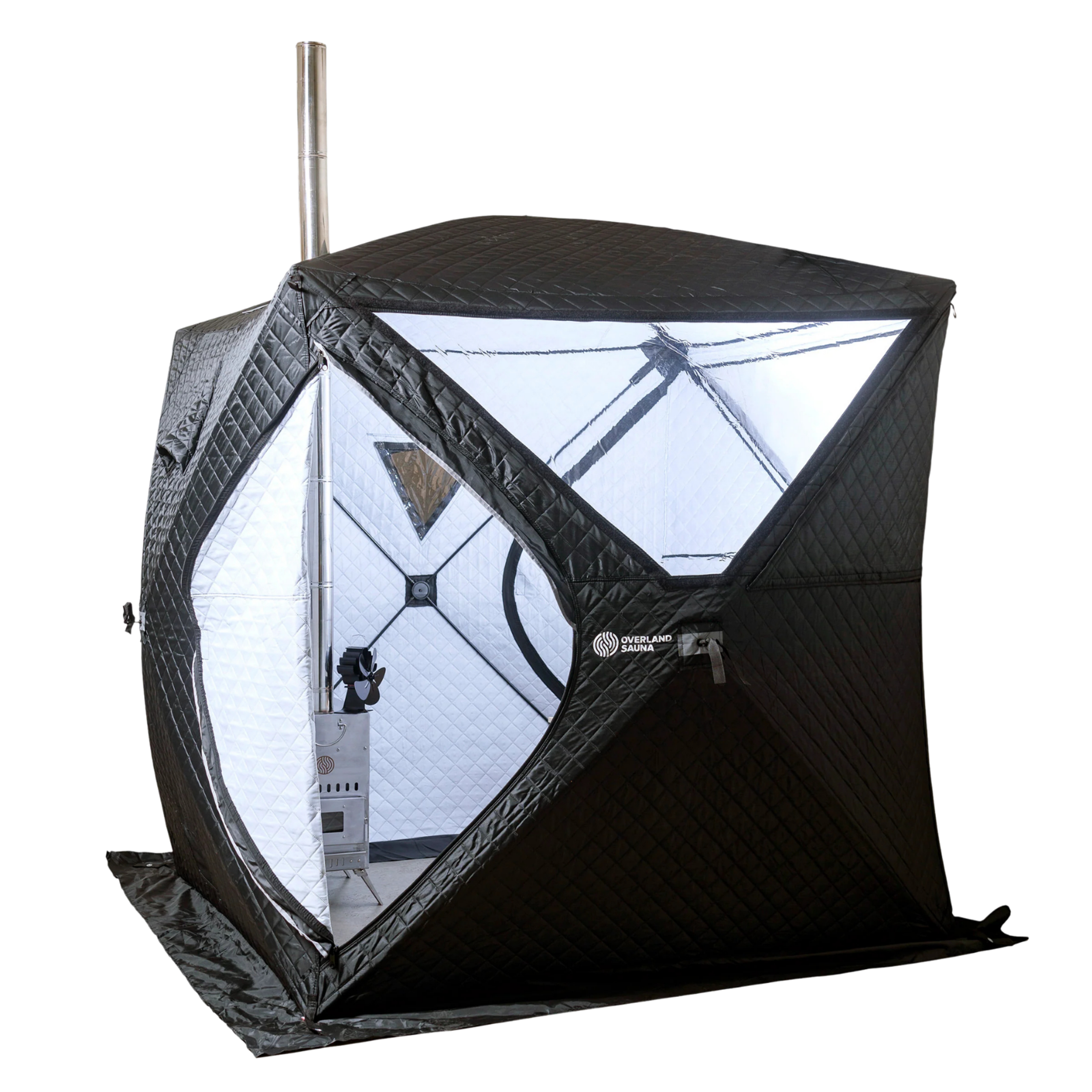 A black portable tent sauna with a metal chimney and a visible stove inside.