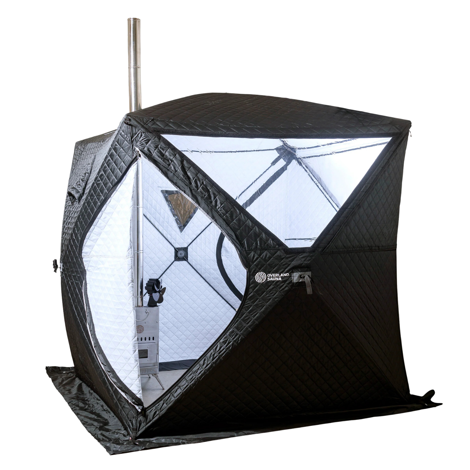 A black portable tent sauna with a metal chimney and a visible stove inside.